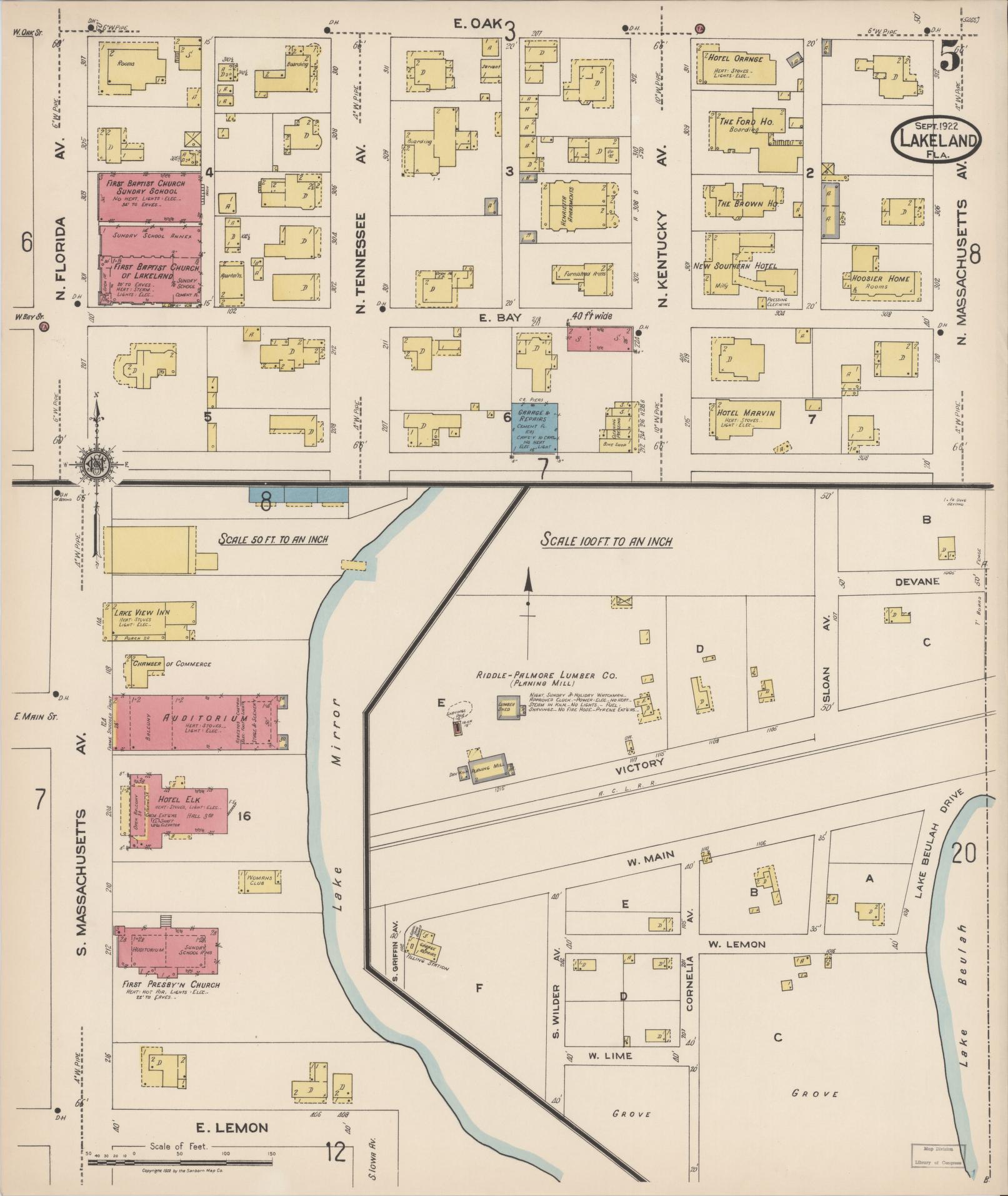 Sanborn Fire Insurance Map from Lakeland, Polk County, Florida (1922), Sheet #0005 - Complete Map Set gallery image, historic Sanborn map, vintage wall art, Florida Florida