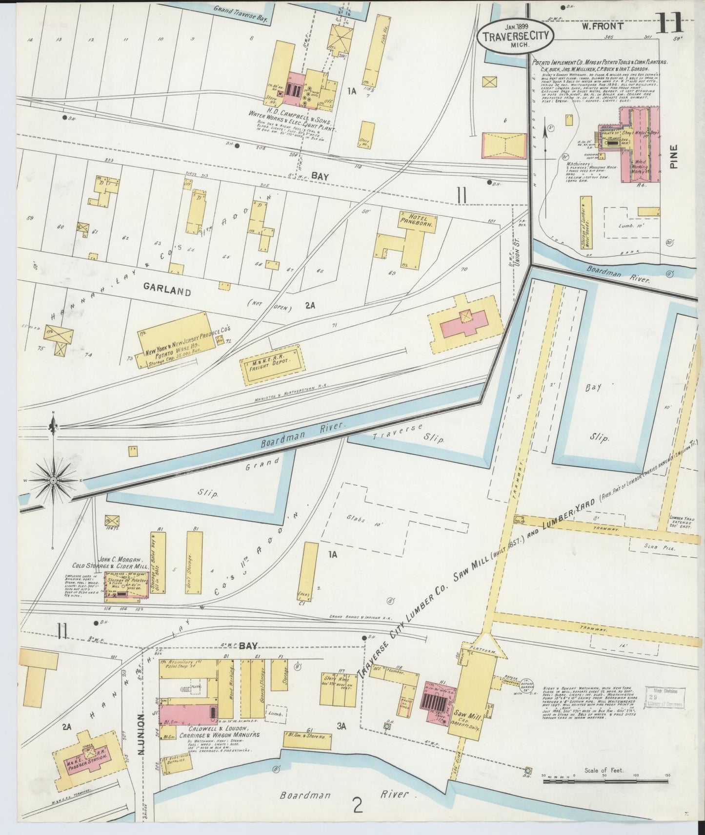 Sanborn Fire Insurance Map from Traverse City, Grand Traverse County, Michigan (1899), Sheet #0011 - Historic Sanborn Fire Insurance Map Print, vintage old map wall art, antique decor, genealogy gift, Michigan Michigan map