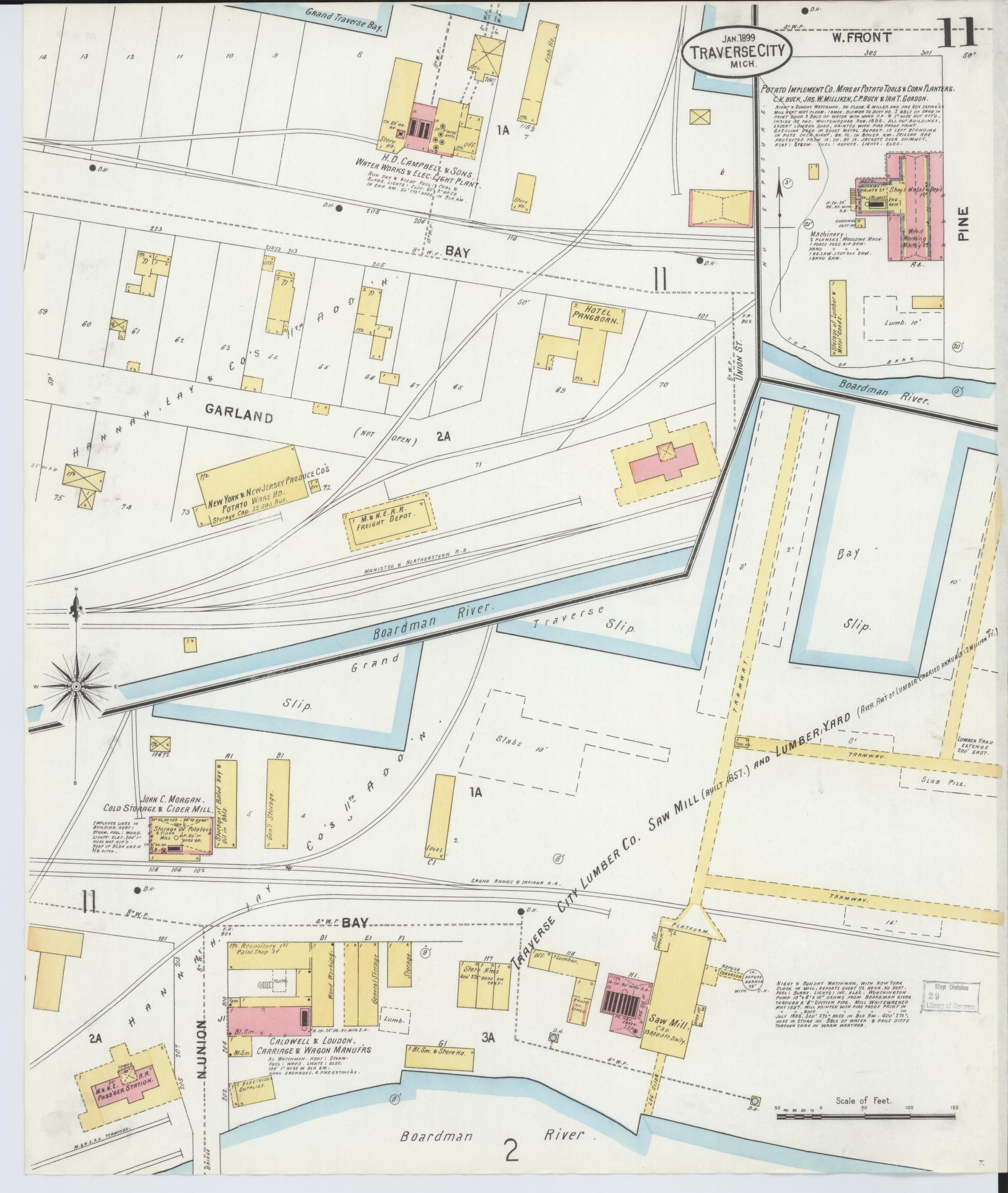 Sanborn Fire Insurance Map from Traverse City, Grand Traverse County, Michigan (1899), Sheet #0011 - Historic Sanborn Fire Insurance Map Print, vintage old map wall art, antique decor, genealogy gift, Michigan Michigan map