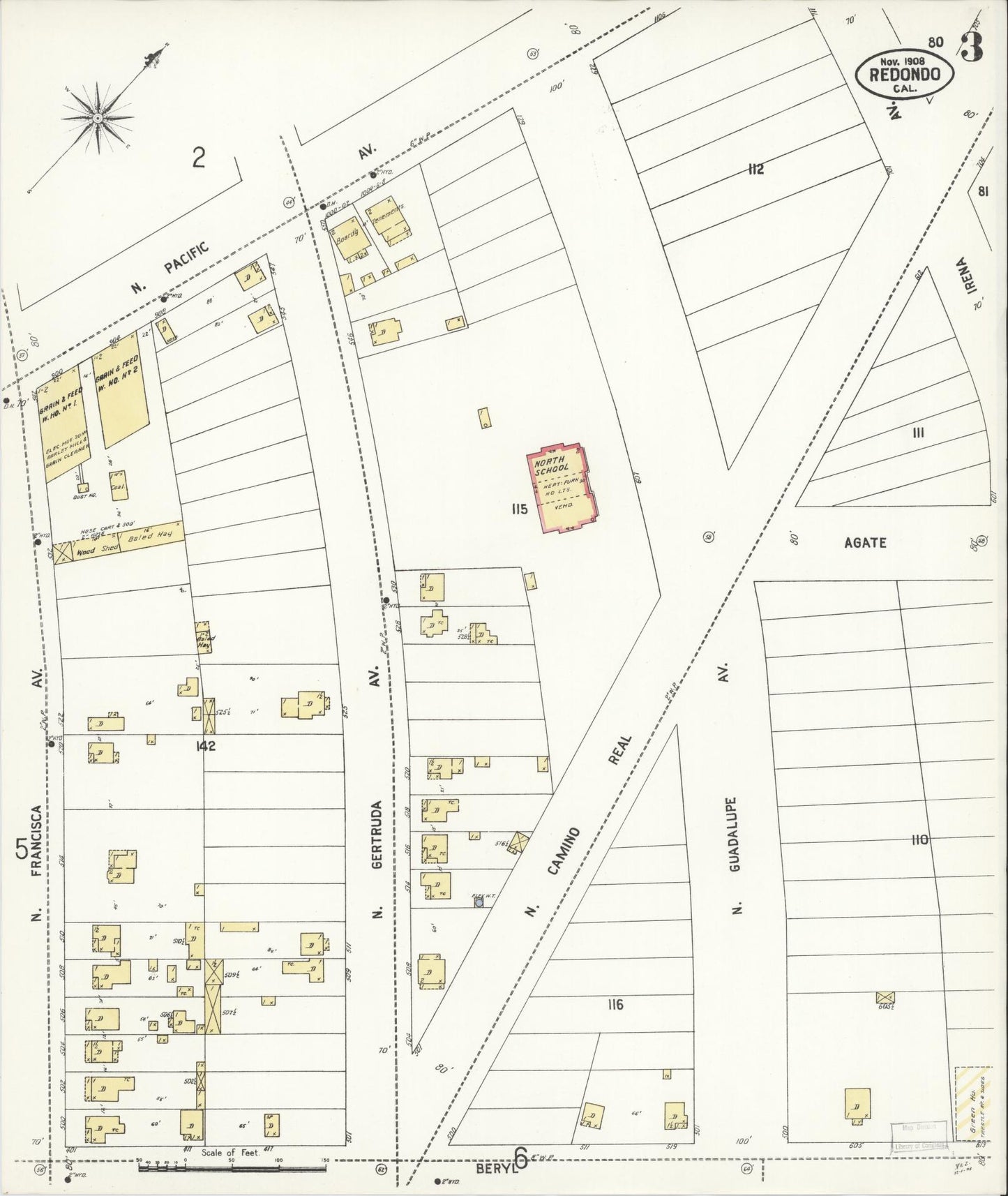 Sanborn Fire Insurance Map from Redondo Beach, Los Angeles County, California (1908), Sheet #0003 - Complete Map Set gallery image, historic Sanborn map, vintage wall art, California California