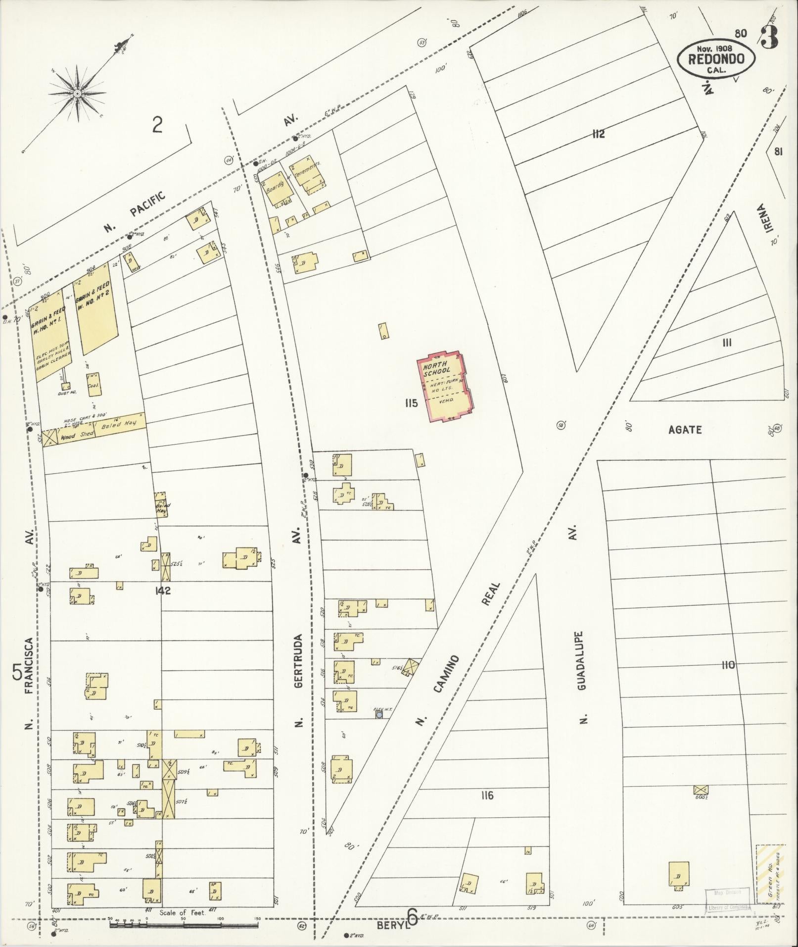 Sanborn Fire Insurance Map from Redondo Beach, Los Angeles County, California (1908), Sheet #0003 - Complete Map Set gallery image, historic Sanborn map, vintage wall art, California California