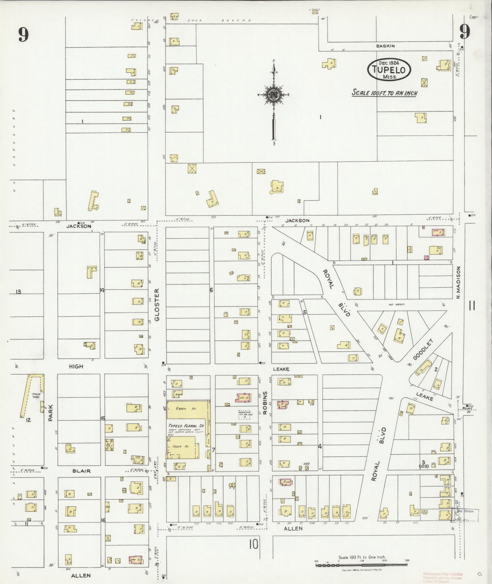 Sanborn Fire Insurance Map from Tupelo, Lee County, Mississippi (1924), Sheet #0009 - Complete Map Set gallery image, historic Sanborn map, vintage wall art, Mississippi Mississippi
