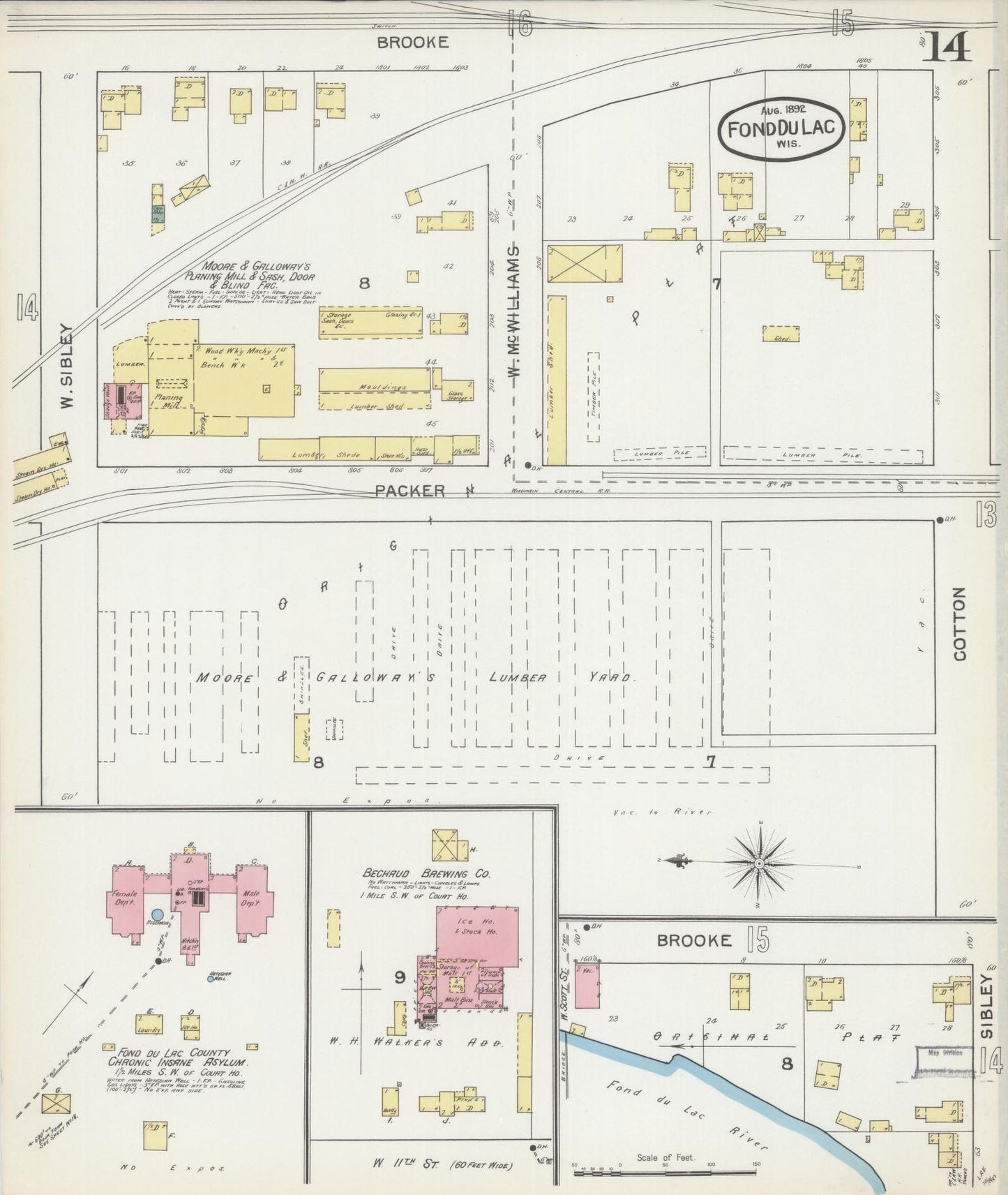 Sanborn Fire Insurance Map from Fond du Lac, Fond du Lac County, Wisconsin (1892), Sheet #0014 - Historic Sanborn Fire Insurance Map Print, vintage old map wall art, antique decor, genealogy gift, Wisconsin Wisconsin map