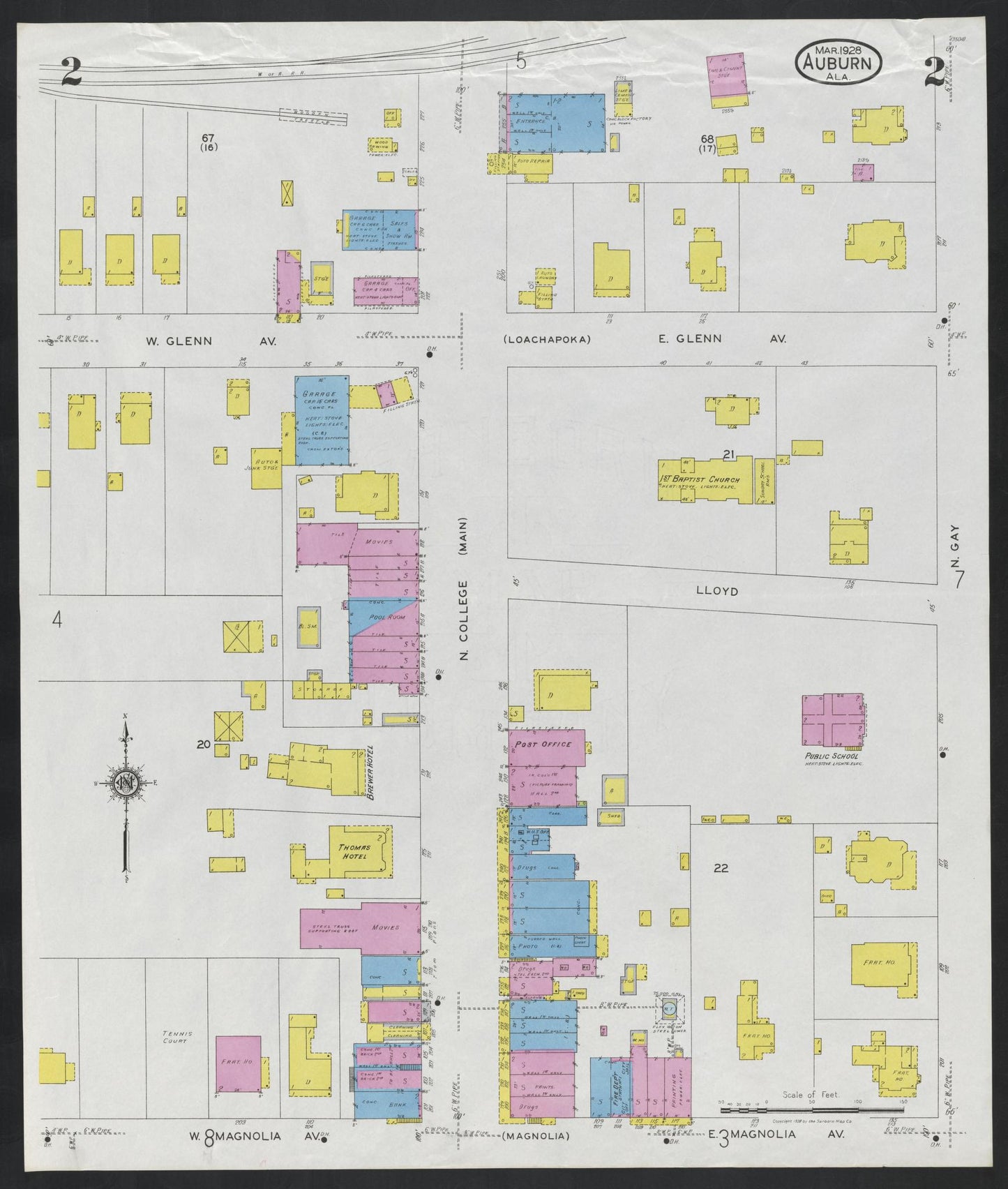 Sanborn Fire Insurance Map from Auburn, Lee County, Alabama (1928), Sheet #0002 - Complete Map Set gallery image, historic Sanborn map, vintage wall art, Alabama Alabama