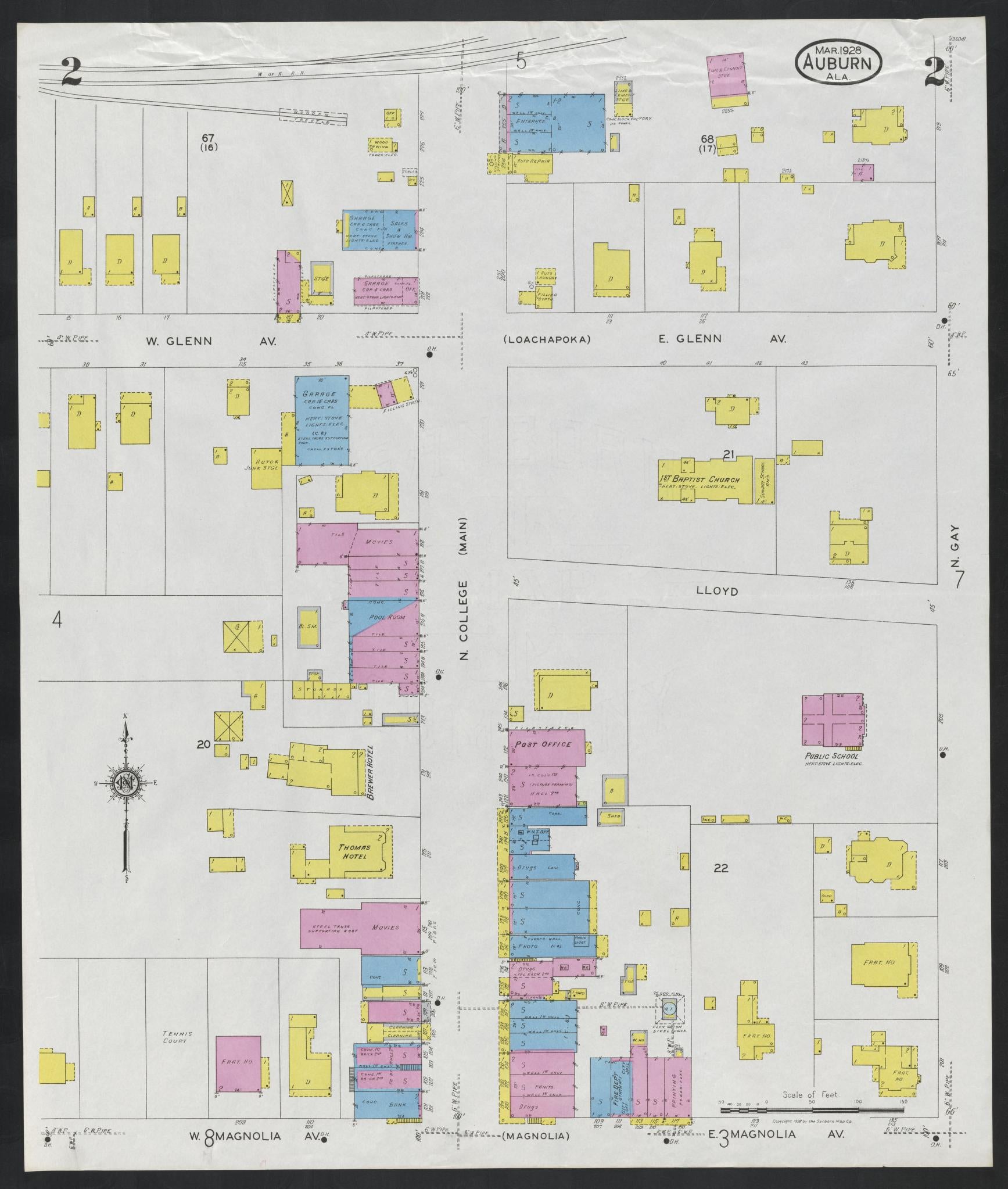 Sanborn Fire Insurance Map from Auburn, Lee County, Alabama (1928), Sheet #0002 - Complete Map Set gallery image, historic Sanborn map, vintage wall art, Alabama Alabama