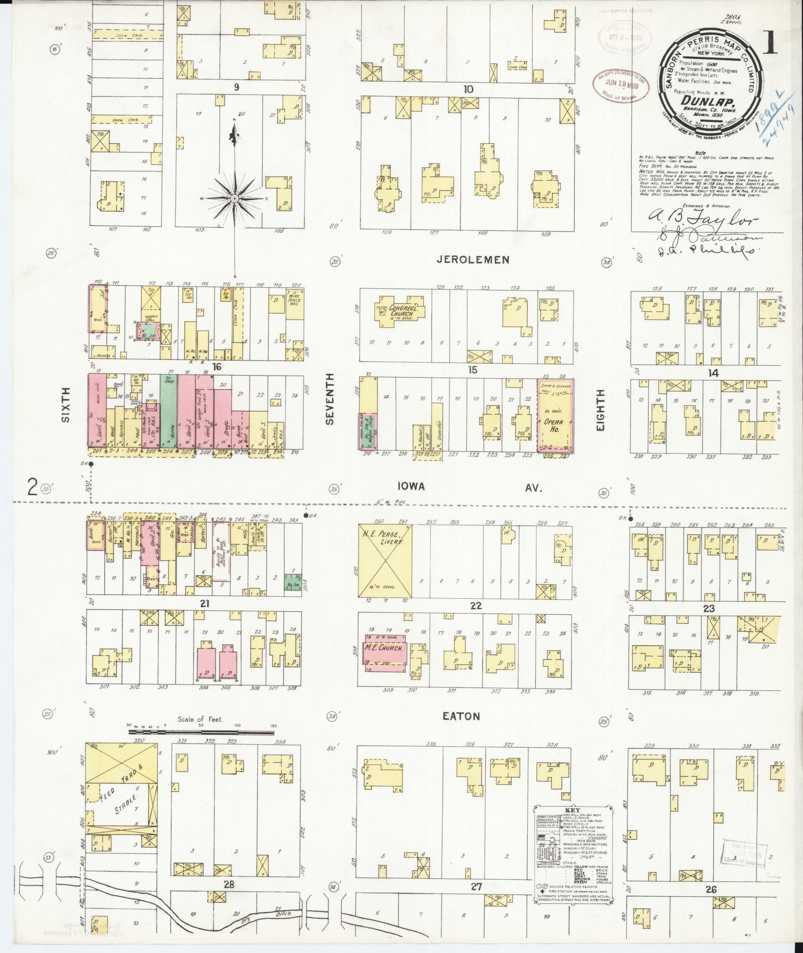 Sanborn Fire Insurance Map from Dunlap, Harrison County, Iowa (1899), Sheet #0001 - Historic Sanborn Fire Insurance Map Print, vintage old map wall art