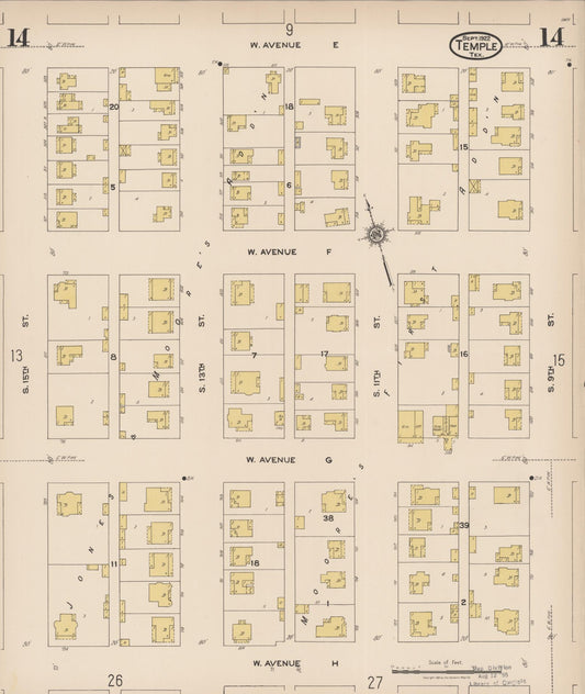 Sanborn Fire Insurance Map from Temple, Bell County, Texas (1922), Sheet #0014 - Historic Sanborn Fire Insurance Map Print, vintage old map wall art, antique decor, genealogy gift, Texas Texas map
