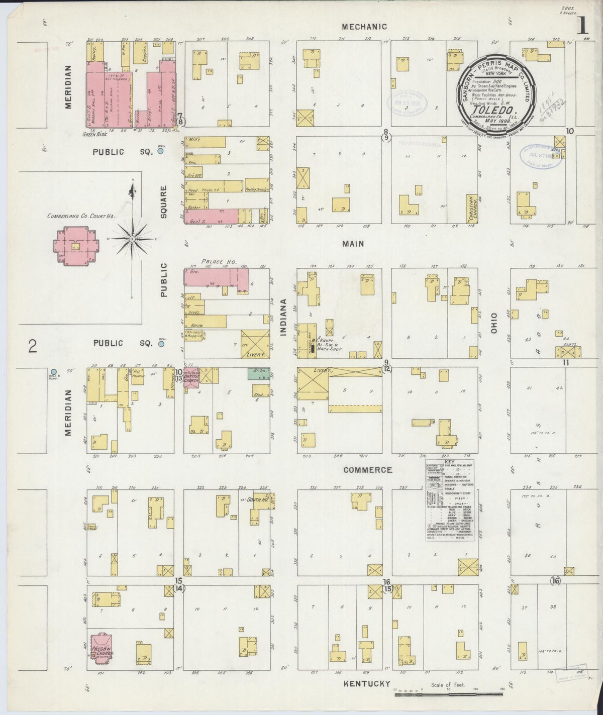 Sanborn Fire Insurance Map from Toledo, Cumberland County, Illinois (1898), Sheet #0001 - Historic Sanborn Fire Insurance Map Print, vintage old map wall art, antique decor, genealogy gift, Illinois Illinois map