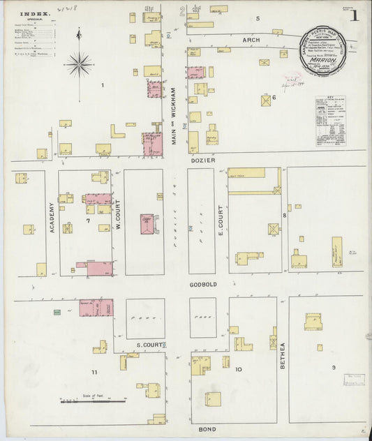 Sanborn Fire Insurance Map from Marion, Marion County, South Carolina (1894), Sheet #0001 - Complete Map Set gallery image, historic Sanborn map, vintage wall art, South Carolina South Carolina