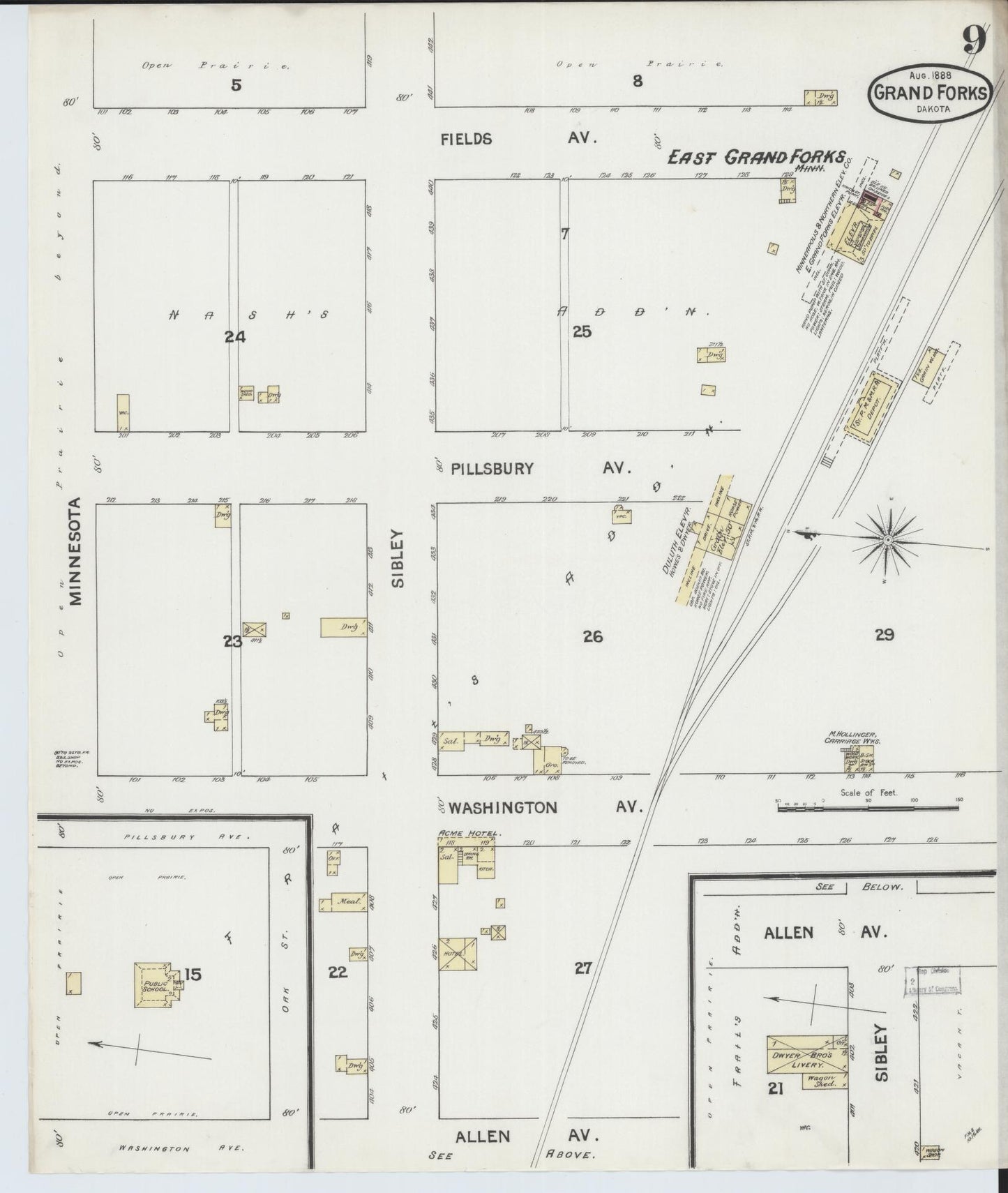 Sanborn Fire Insurance Map from Grand Forks, Grand Forks County, North Dakota (1888), Sheet #0009 - Historic Sanborn Fire Insurance Map Print, vintage old map wall art, antique decor, genealogy gift, North Dakota North Dakota map