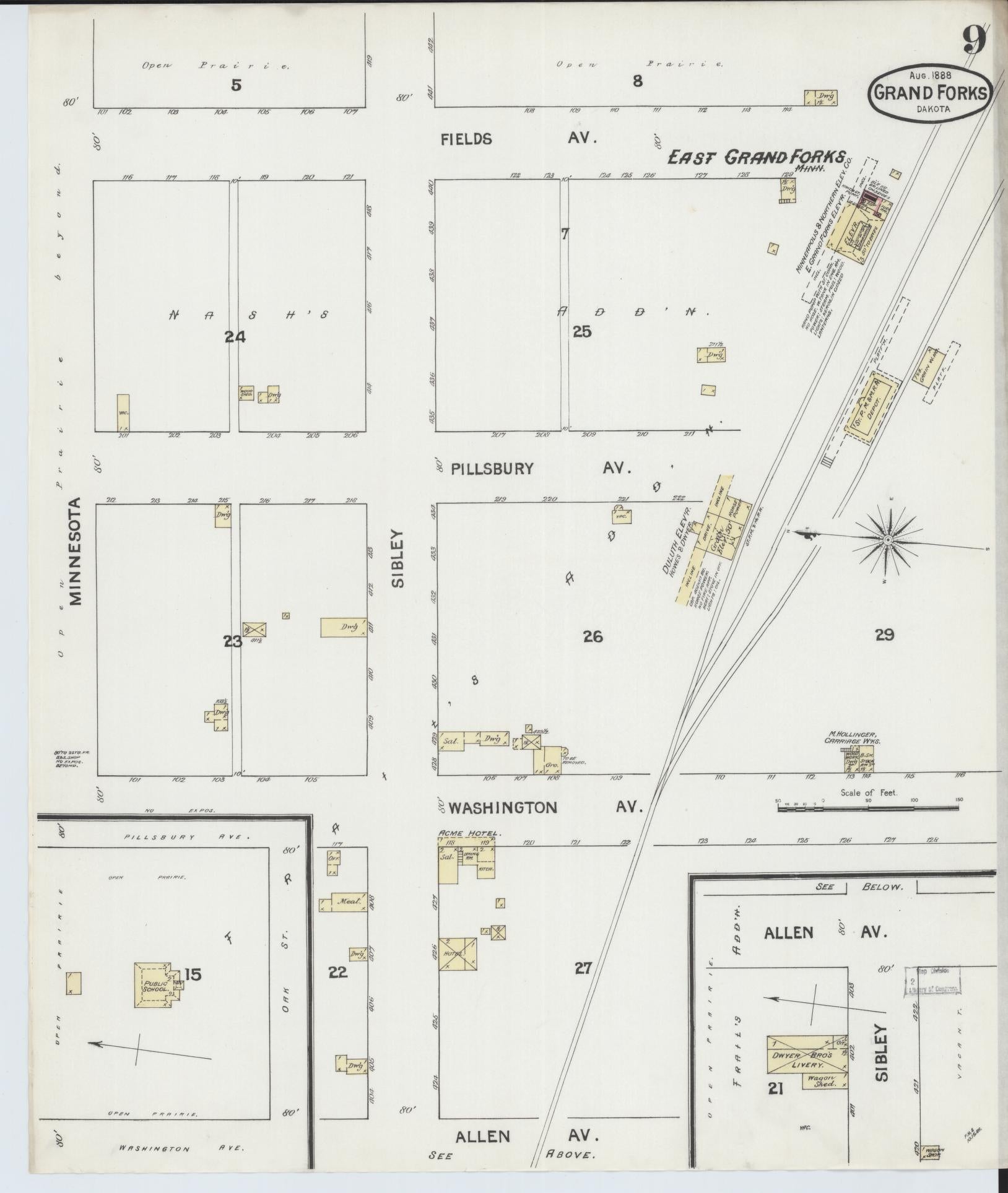 Sanborn Fire Insurance Map from Grand Forks, Grand Forks County, North Dakota (1888), Sheet #0009 - Historic Sanborn Fire Insurance Map Print, vintage old map wall art, antique decor, genealogy gift, North Dakota North Dakota map
