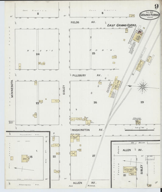 Sanborn Fire Insurance Map from Grand Forks, Grand Forks County, North Dakota (1888), Sheet #0009 - Historic Sanborn Fire Insurance Map Print, vintage old map wall art, antique decor, genealogy gift, North Dakota North Dakota map