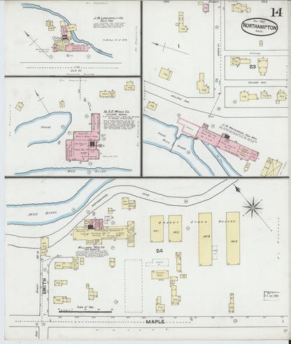 Sanborn Fire Insurance Map from Northampton, Hampshire County, Massachusetts (1889), Sheet #0014 - Historic Sanborn Fire Insurance Map Print, vintage old map wall art, antique decor, genealogy gift, Massachusetts Massachusetts map