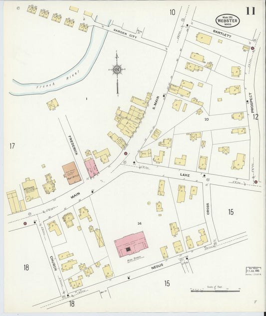 Sanborn Fire Insurance Map from Webster, Worcester County, Massachusetts (1911), Sheet #0011 - Historic Sanborn Fire Insurance Map Print, vintage old map wall art, antique decor, genealogy gift, Massachusetts Massachusetts map