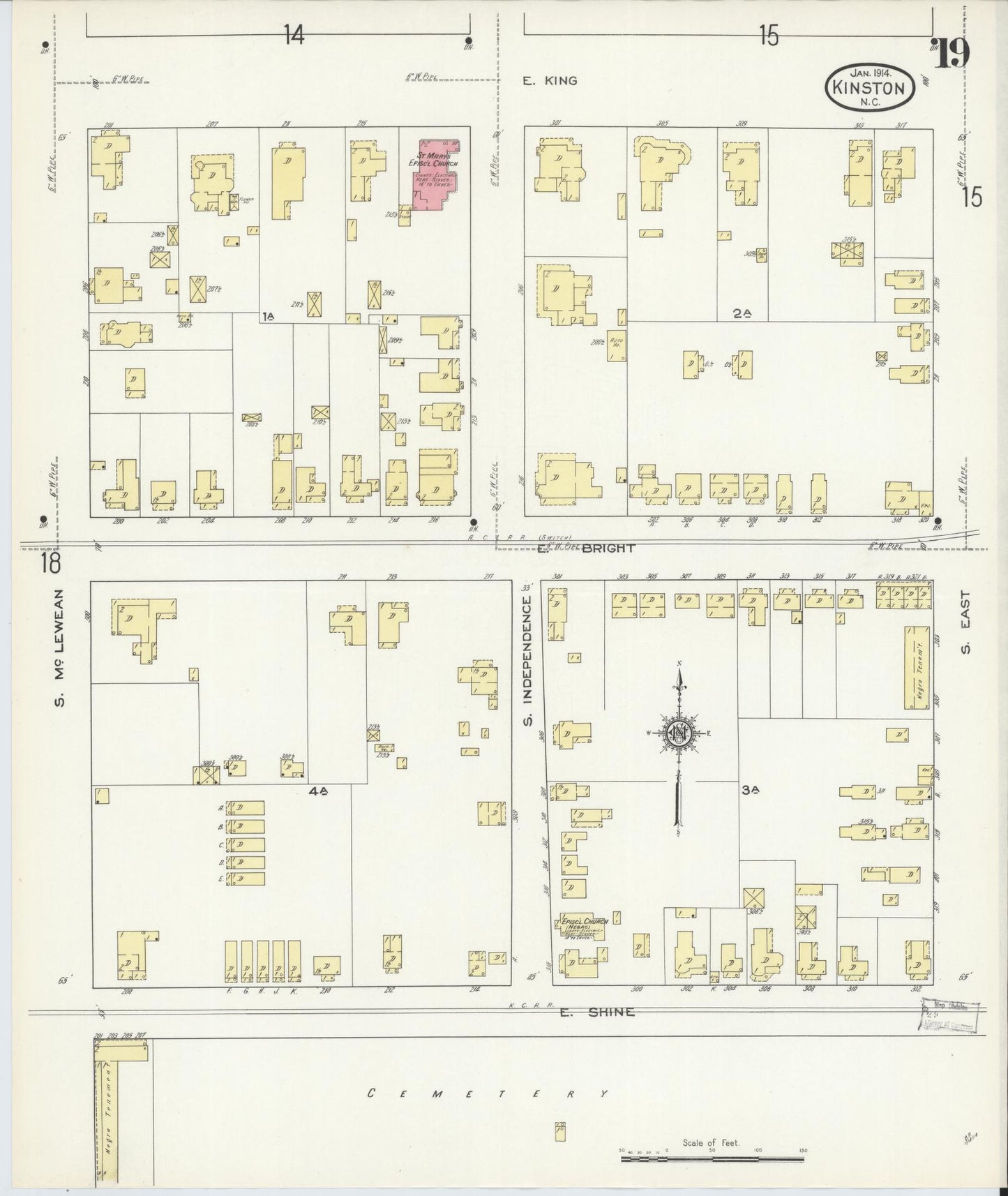 Sanborn Fire Insurance Map from Kinston, Lenoir County, North Carolina (1914), Sheet #0019 - Complete Map Set gallery image, historic Sanborn map, vintage wall art, North Carolina North Carolina