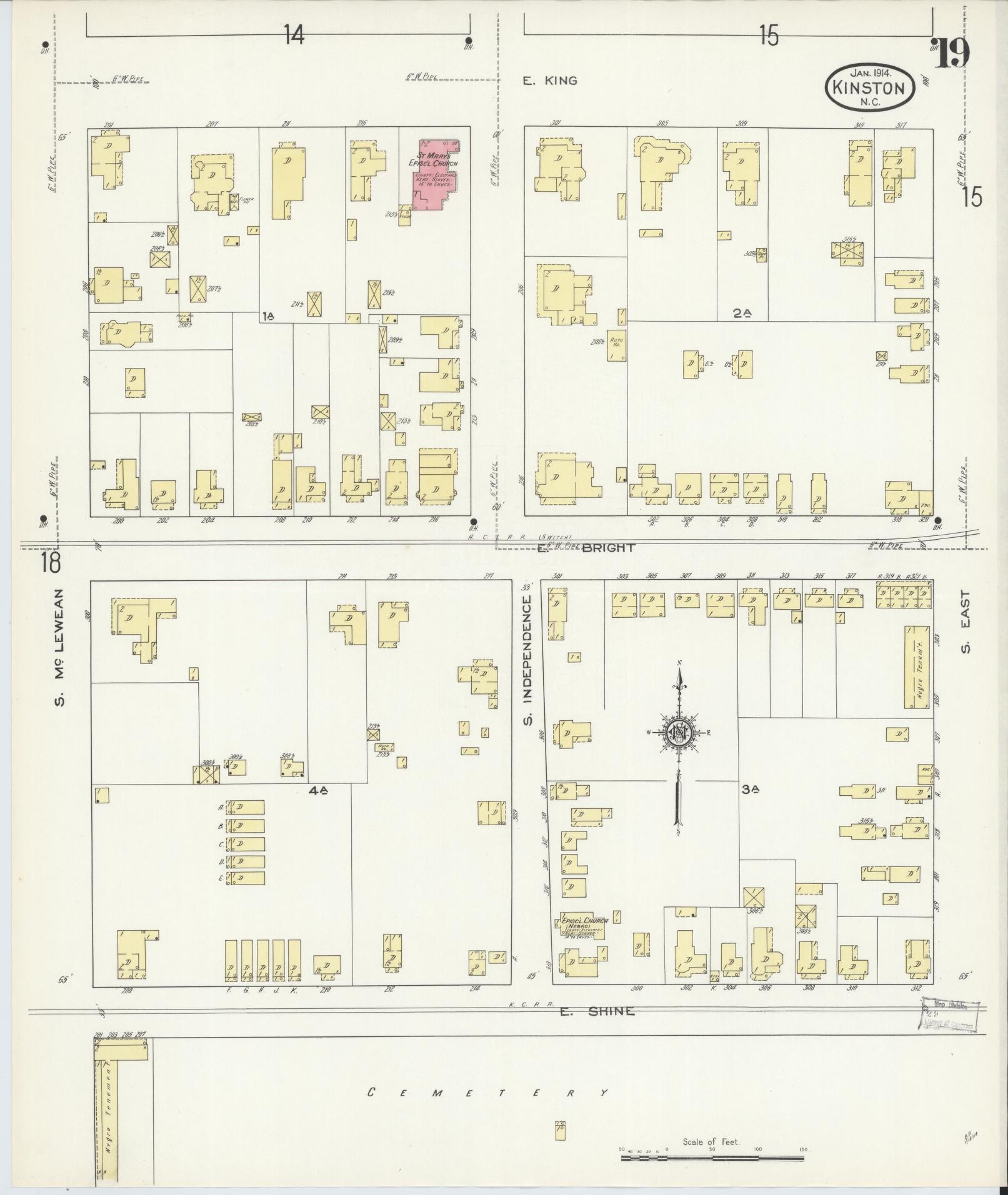 Sanborn Fire Insurance Map from Kinston, Lenoir County, North Carolina (1914), Sheet #0019 - Complete Map Set gallery image, historic Sanborn map, vintage wall art, North Carolina North Carolina