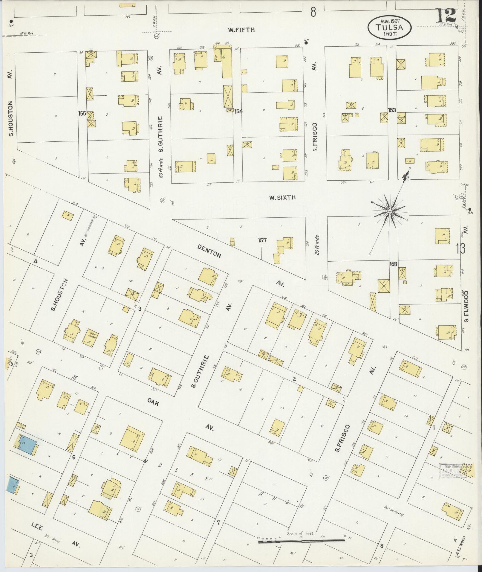 Sanborn Fire Insurance Map from Tulsa, Tulsa County, Oklahoma (1907), Sheet #0012 - Historic Sanborn Fire Insurance Map Print, vintage old map wall art, antique decor, genealogy gift, Oklahoma Oklahoma map