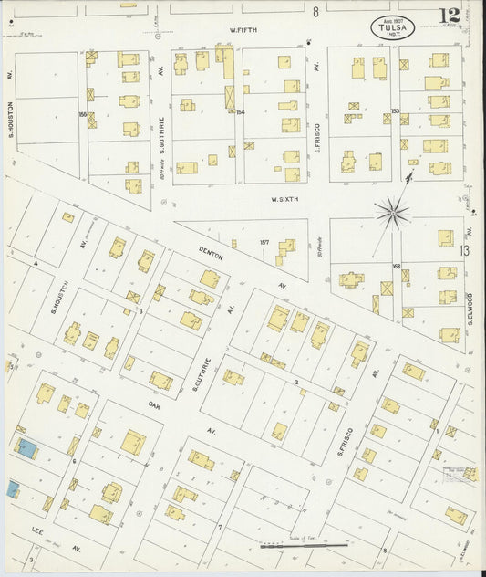 Sanborn Fire Insurance Map from Tulsa, Tulsa County, Oklahoma (1907), Sheet #0012 - Historic Sanborn Fire Insurance Map Print, vintage old map wall art, antique decor, genealogy gift, Oklahoma Oklahoma map