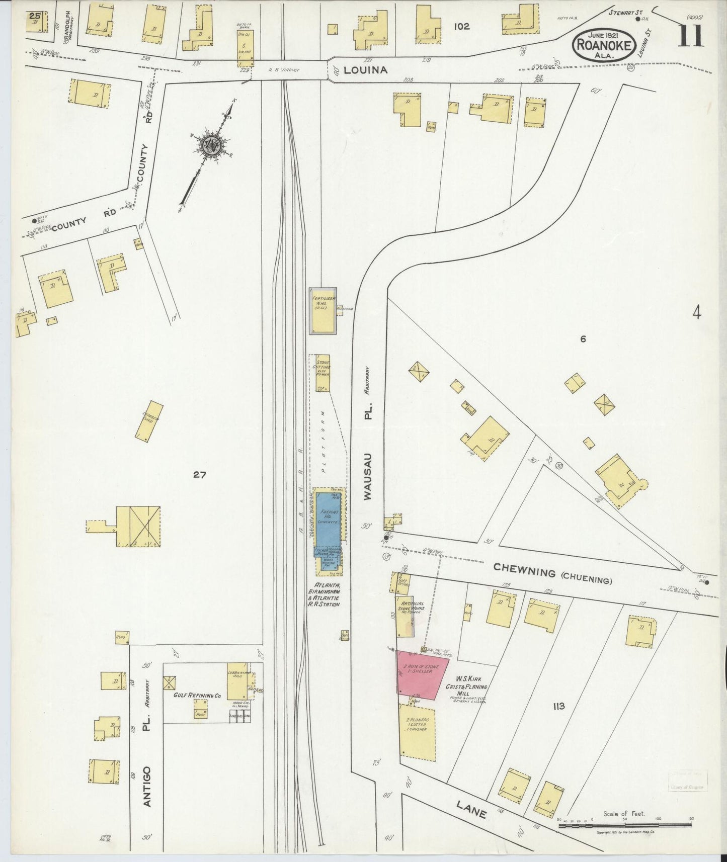 Sanborn Fire Insurance Map from Roanoke, Randolph County, Alabama (1921), Sheet #0011 - Historic Sanborn Fire Insurance Map Print, vintage old map wall art, antique decor, genealogy gift, Alabama Alabama map
