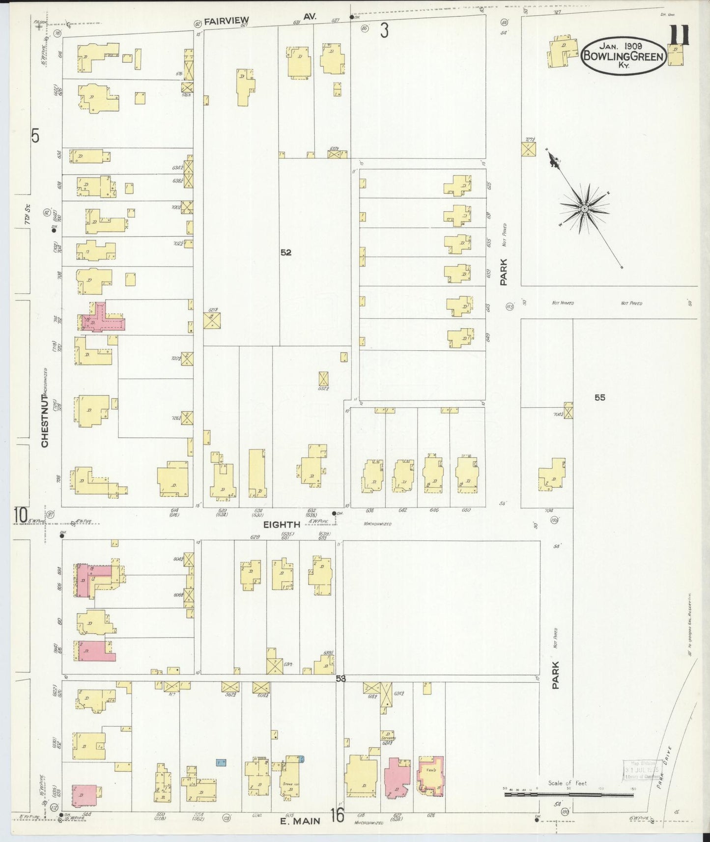 Sanborn Fire Insurance Map from Bowling Green, Warren County, Kentucky (1909), Sheet #0011 - Complete Map Set gallery image, historic Sanborn map, vintage wall art, Kentucky Kentucky
