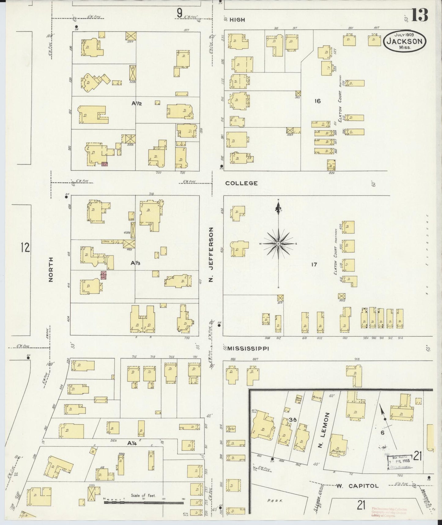 Sanborn Fire Insurance Map from Jackson, Hinds County, Mississippi (1909), Sheet #0013 - Historic Sanborn Fire Insurance Map Print, vintage old map wall art, antique decor, genealogy gift, Mississippi Mississippi map
