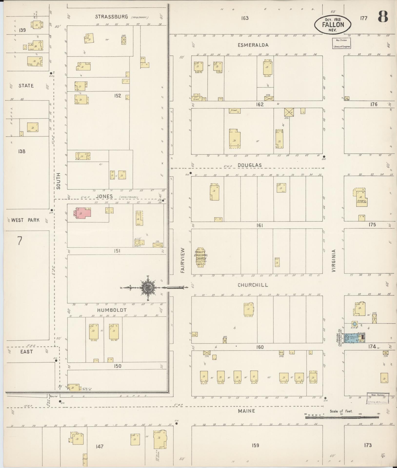 Sanborn Fire Insurance Map from Fallon, Churchill County, Nevada (1912), Sheet #0008 - Historic Sanborn Fire Insurance Map Print, vintage old map wall art, antique decor, genealogy gift, Nevada Nevada map