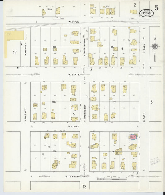 Sanborn Fire Insurance Map from Hastings, Barry County, Michigan (1916), Sheet #0005 - Historic Sanborn Fire Insurance Map Print, vintage old map wall art, antique decor, genealogy gift, Michigan Michigan map