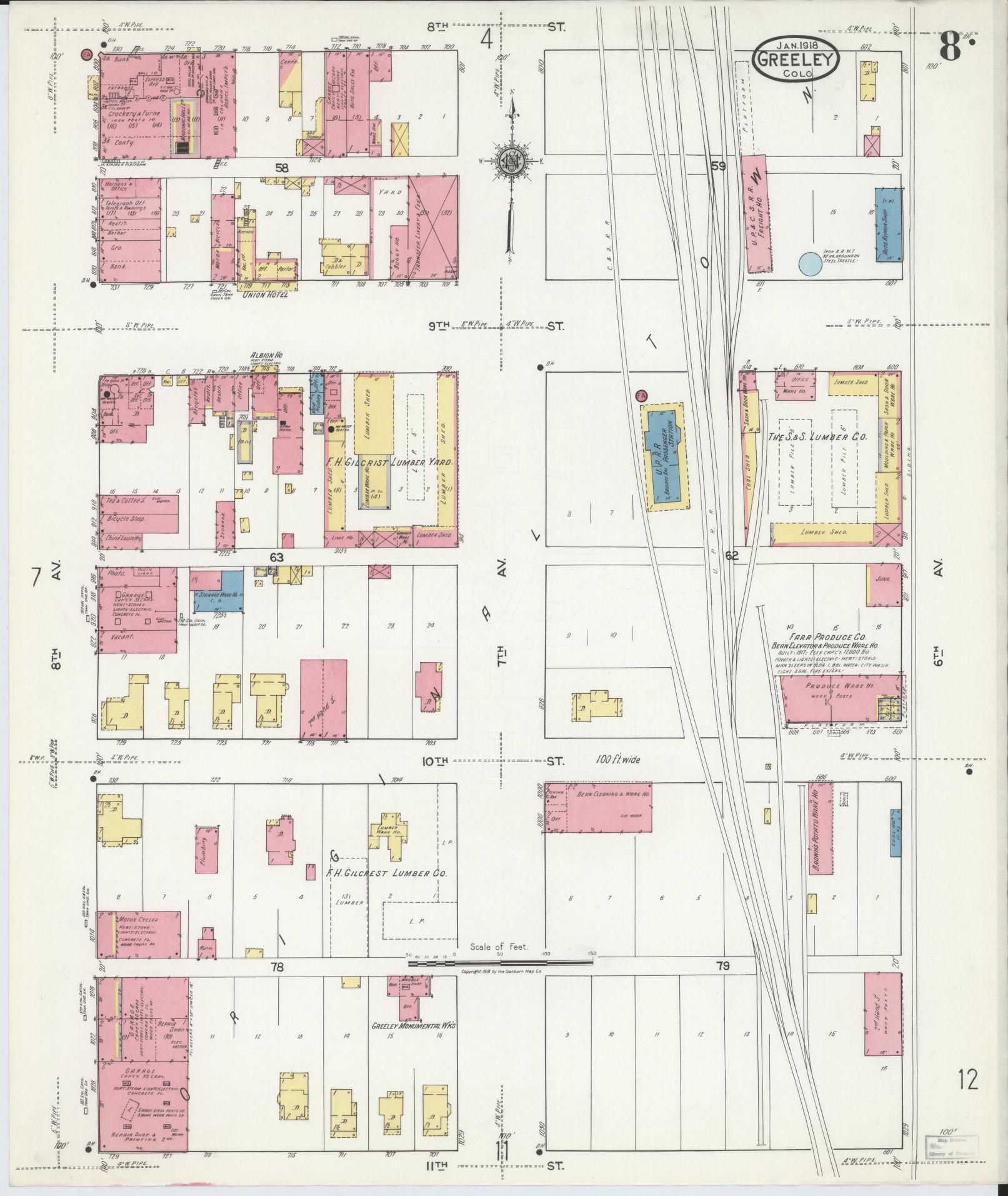 Sanborn Fire Insurance Map from Greeley, Weld County, Colorado (1918), Sheet #0008 - Complete Map Set gallery image, historic Sanborn map, vintage wall art, Colorado Colorado