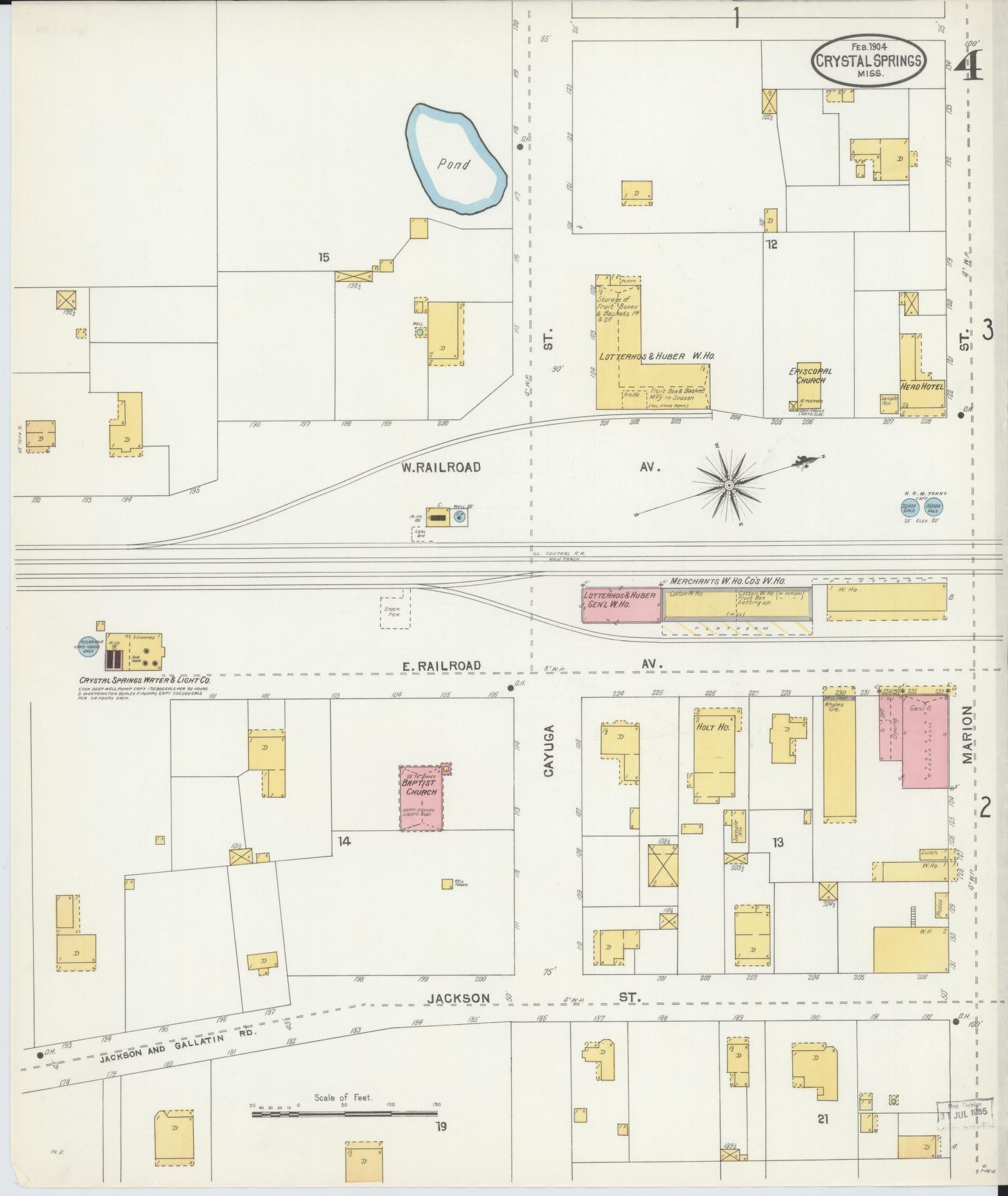 Sanborn Fire Insurance Map from Crystal Springs, Copiah County, Mississippi (1904), Sheet #0004 - Historic Sanborn Fire Insurance Map Print, vintage old map wall art, antique decor, genealogy gift, Mississippi Mississippi map