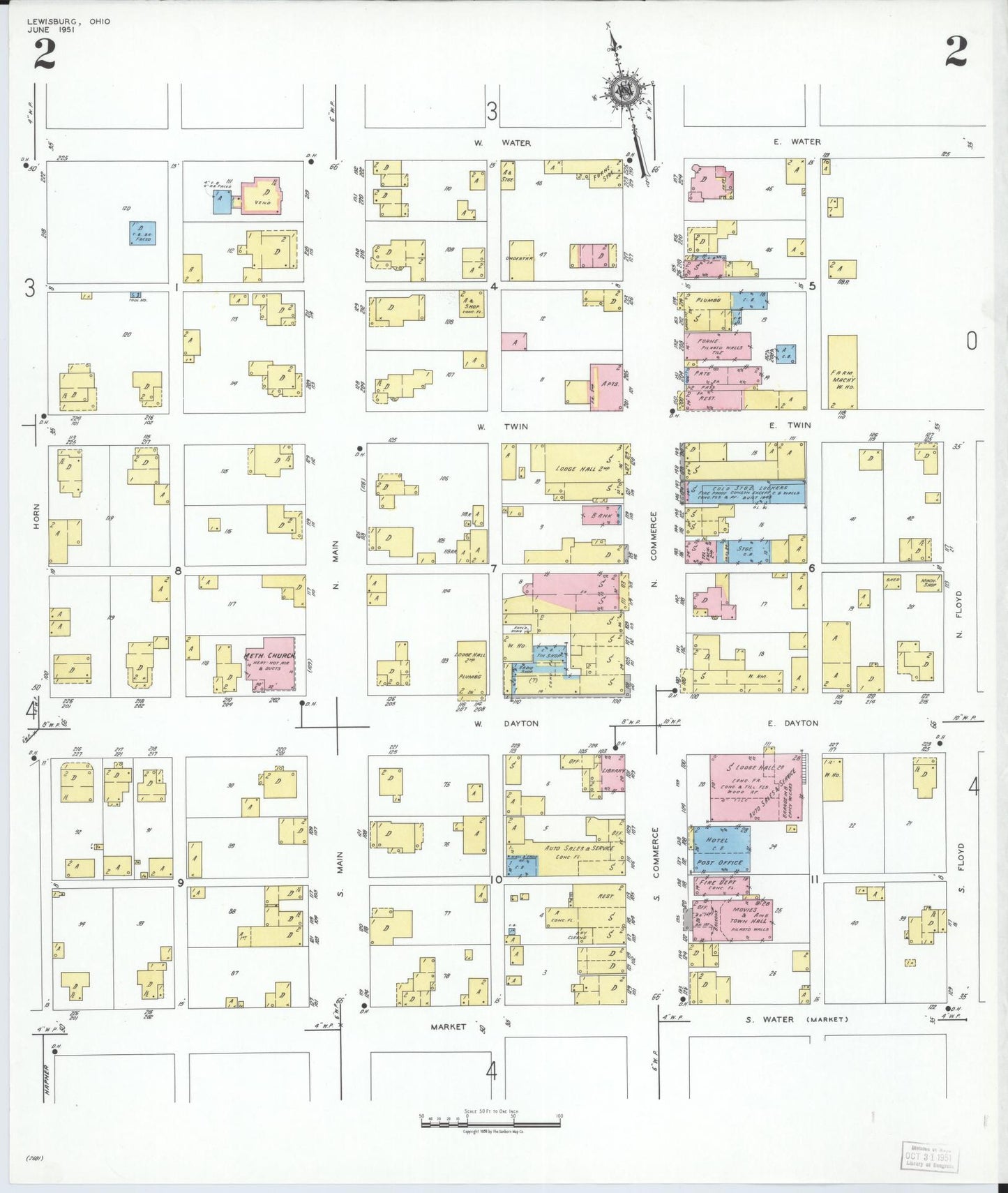 Sanborn Fire Insurance Map from Lewisburg, Preble County, Ohio (1951), Sheet #0002 - Historic Sanborn Fire Insurance Map Print, vintage old map wall art, antique decor, genealogy gift, Ohio Ohio map