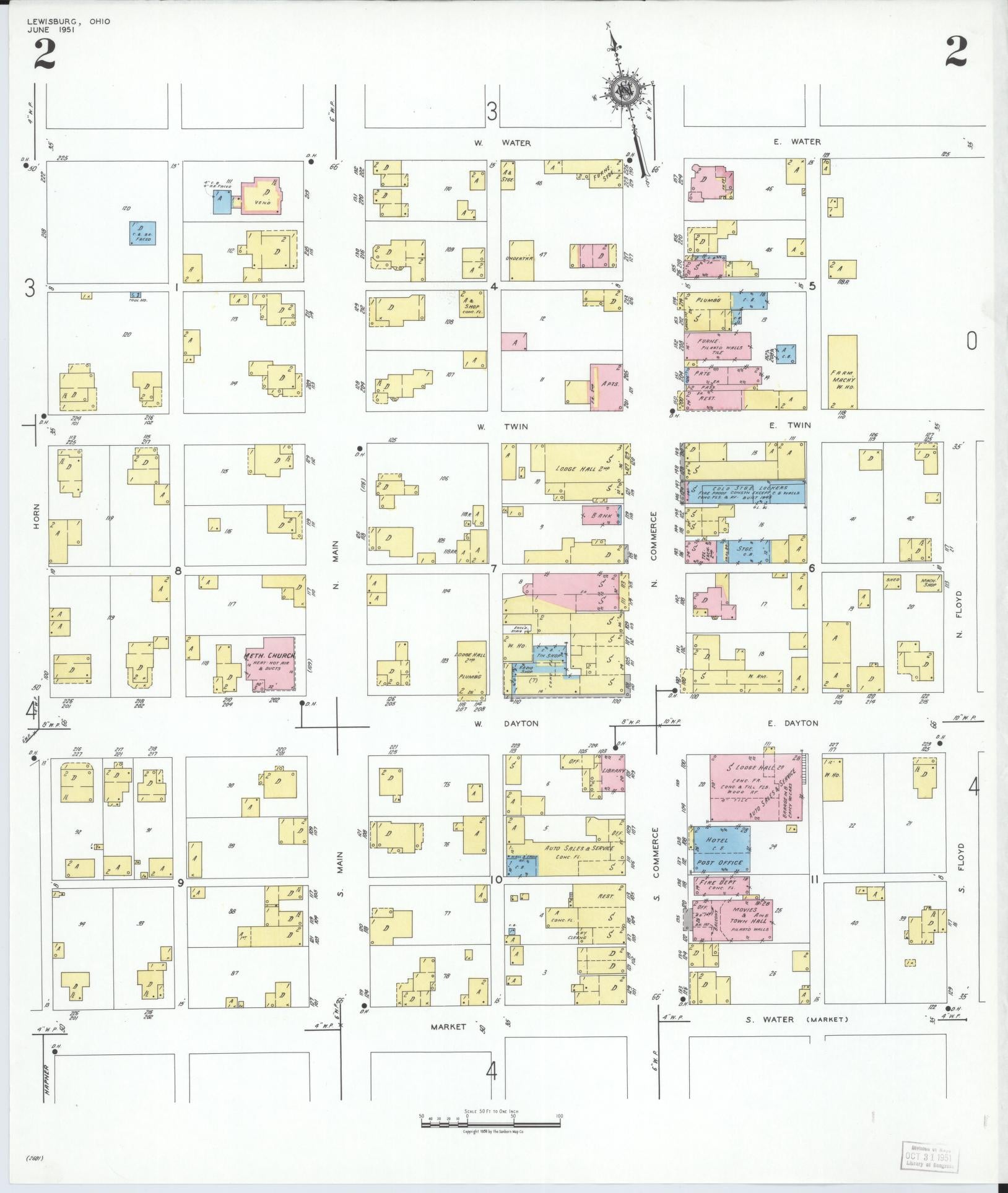Sanborn Fire Insurance Map from Lewisburg, Preble County, Ohio (1951), Sheet #0002 - Historic Sanborn Fire Insurance Map Print, vintage old map wall art, antique decor, genealogy gift, Ohio Ohio map