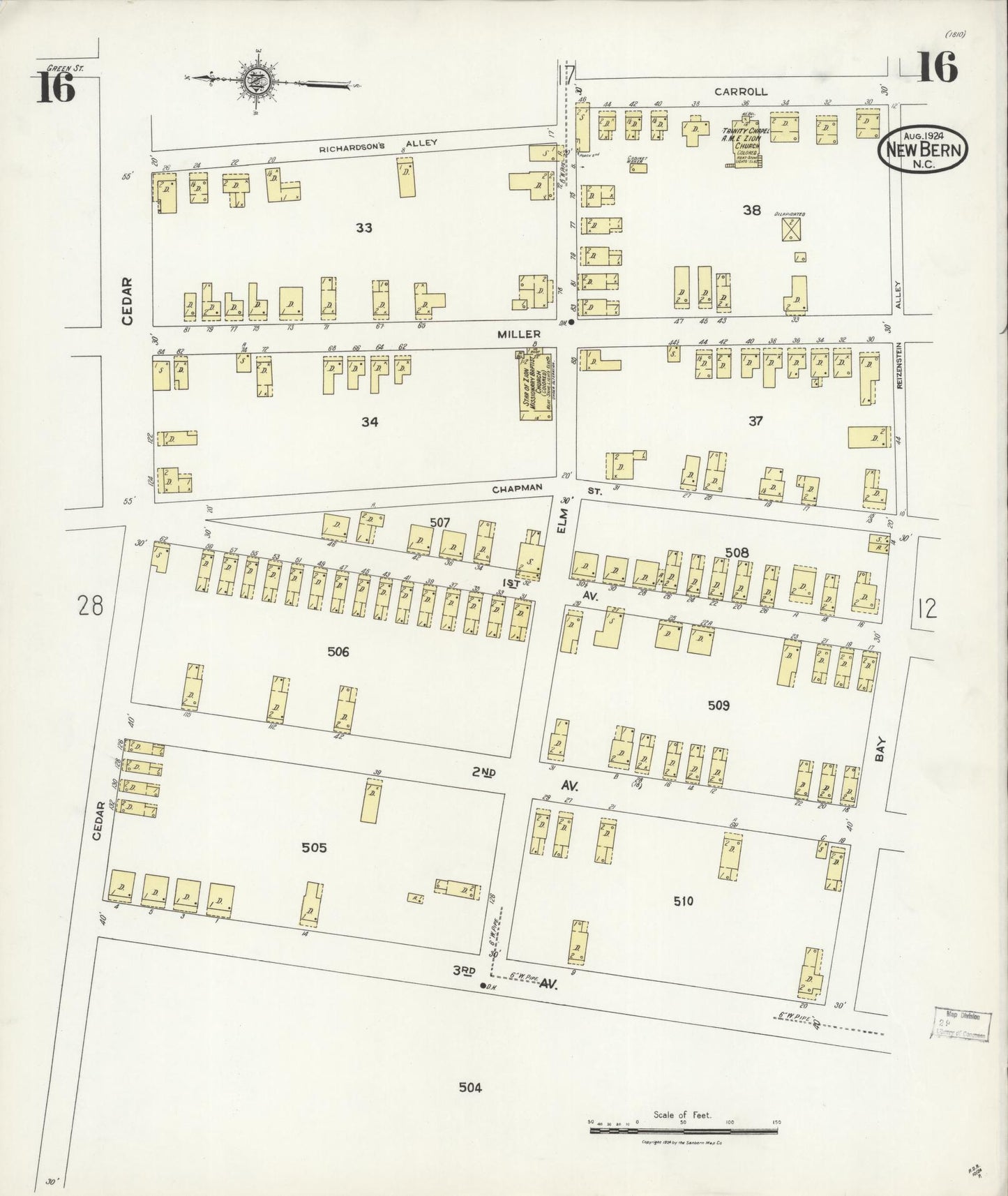 Sanborn Fire Insurance Map from New Bern, Craven County, North Carolina (1924), Sheet #0016 - Complete Map Set gallery image, historic Sanborn map, vintage wall art, North Carolina North Carolina