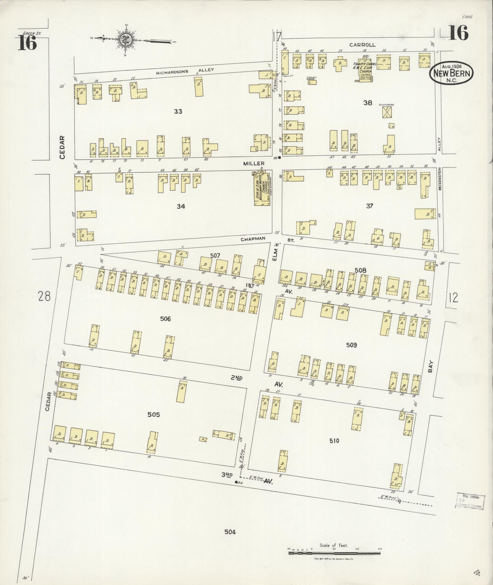 Sanborn Fire Insurance Map from New Bern, Craven County, North Carolina (1924), Sheet #0016 - Complete Map Set gallery image, historic Sanborn map, vintage wall art, North Carolina North Carolina