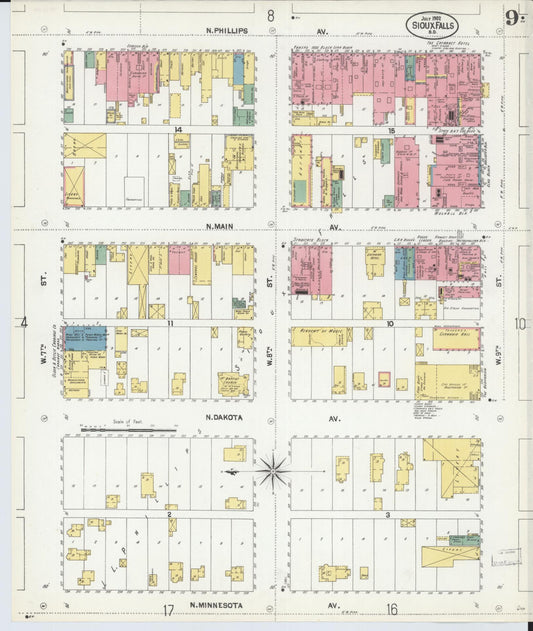 Sanborn Fire Insurance Map from Sioux Falls, Minnehaha County, South Dakota (1902), Sheet #0009 - Historic Sanborn Fire Insurance Map Print, vintage old map wall art, antique decor, genealogy gift, South Dakota South Dakota map