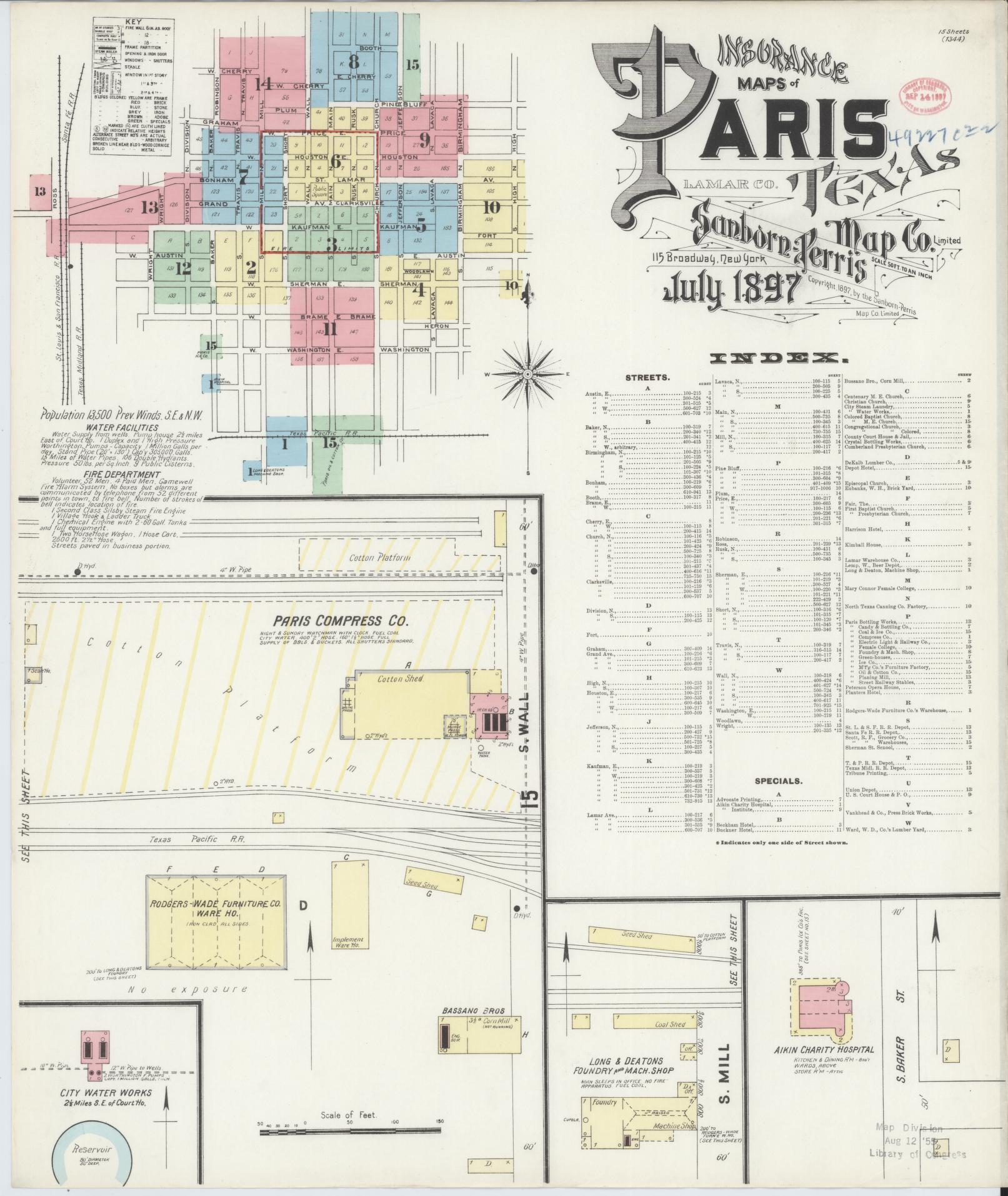 Sanborn Fire Insurance Map from Paris, Lamar County, Texas (1897), Sheet #0001 - Complete Map Set gallery image, historic Sanborn map, vintage wall art, Texas Texas