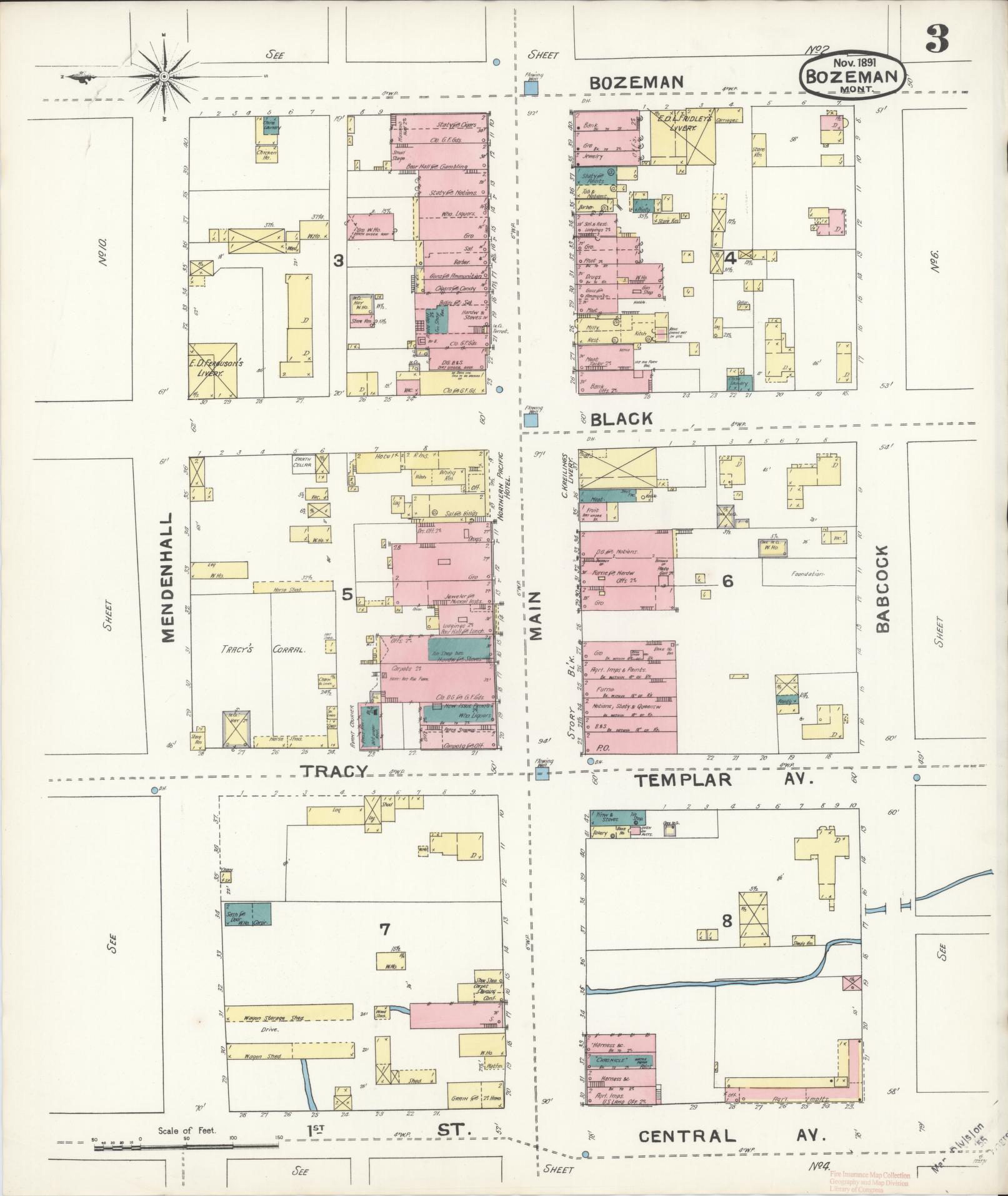 Sanborn Fire Insurance Map from Bozeman, Gallatin County, Montana (1891), Sheet #0003 - Historic Sanborn Fire Insurance Map Print, vintage old map wall art, antique decor, genealogy gift, Montana Montana map