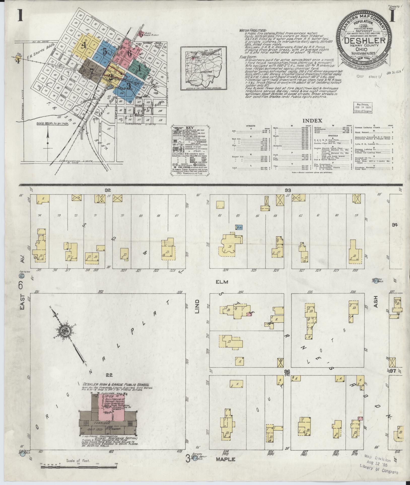 Sanborn Fire Insurance Map from Deshler, Henry County, Ohio (1923), Sheet #0001 - Historic Sanborn Fire Insurance Map Print, vintage old map wall art, antique decor, genealogy gift, Ohio Ohio map