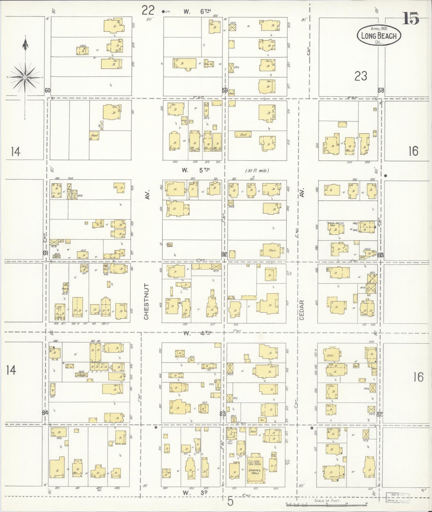 Sanborn Fire Insurance Map from Long Beach, Los Angeles County, California (1905), Sheet #0015 - Complete Map Set gallery image, historic Sanborn map, vintage wall art, California California