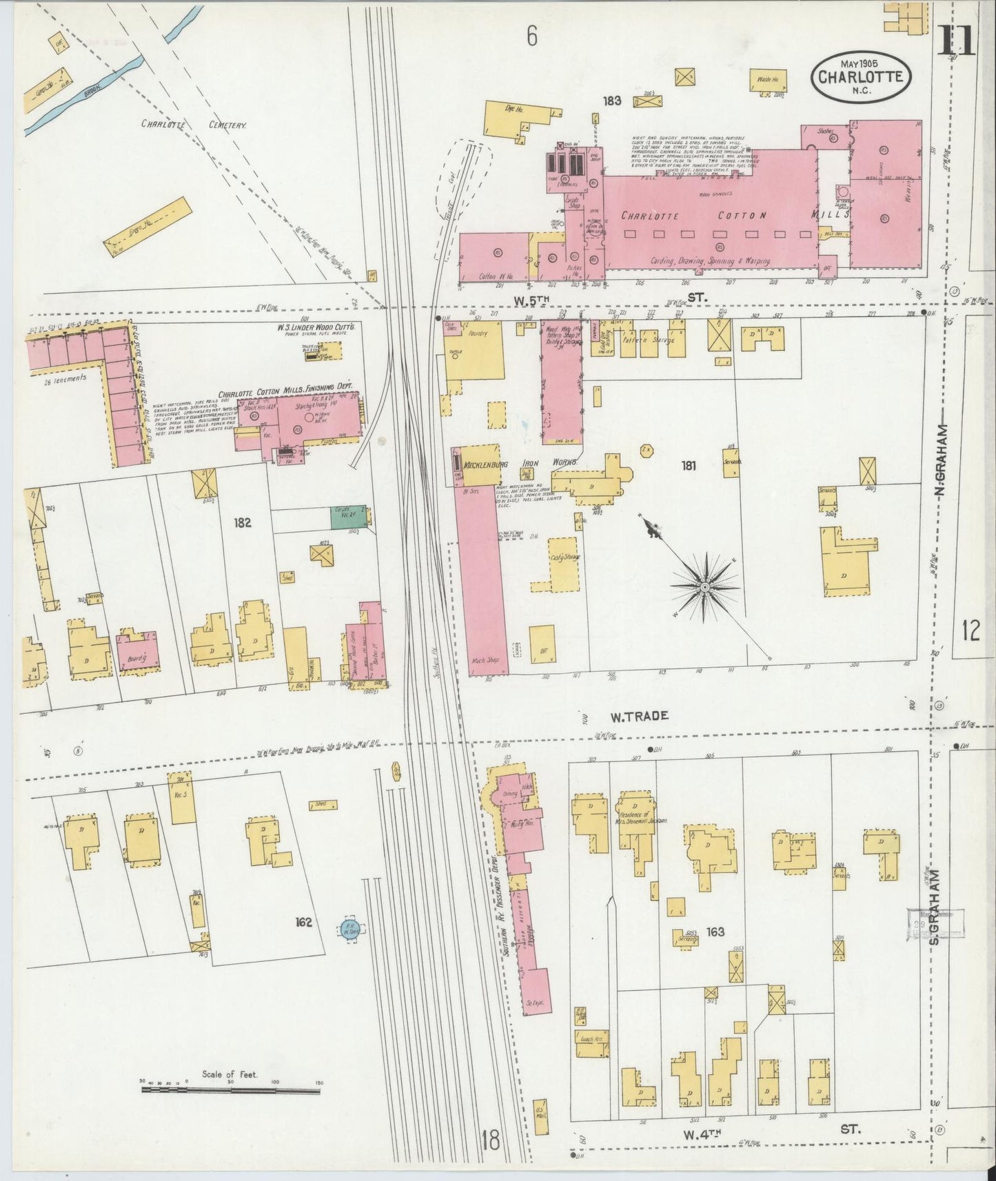 Sanborn Fire Insurance Map from Charlotte, Mecklenburg County, North Carolina (1905), Sheet #0011 - Complete Map Set gallery image, historic Sanborn map, vintage wall art, North Carolina North Carolina