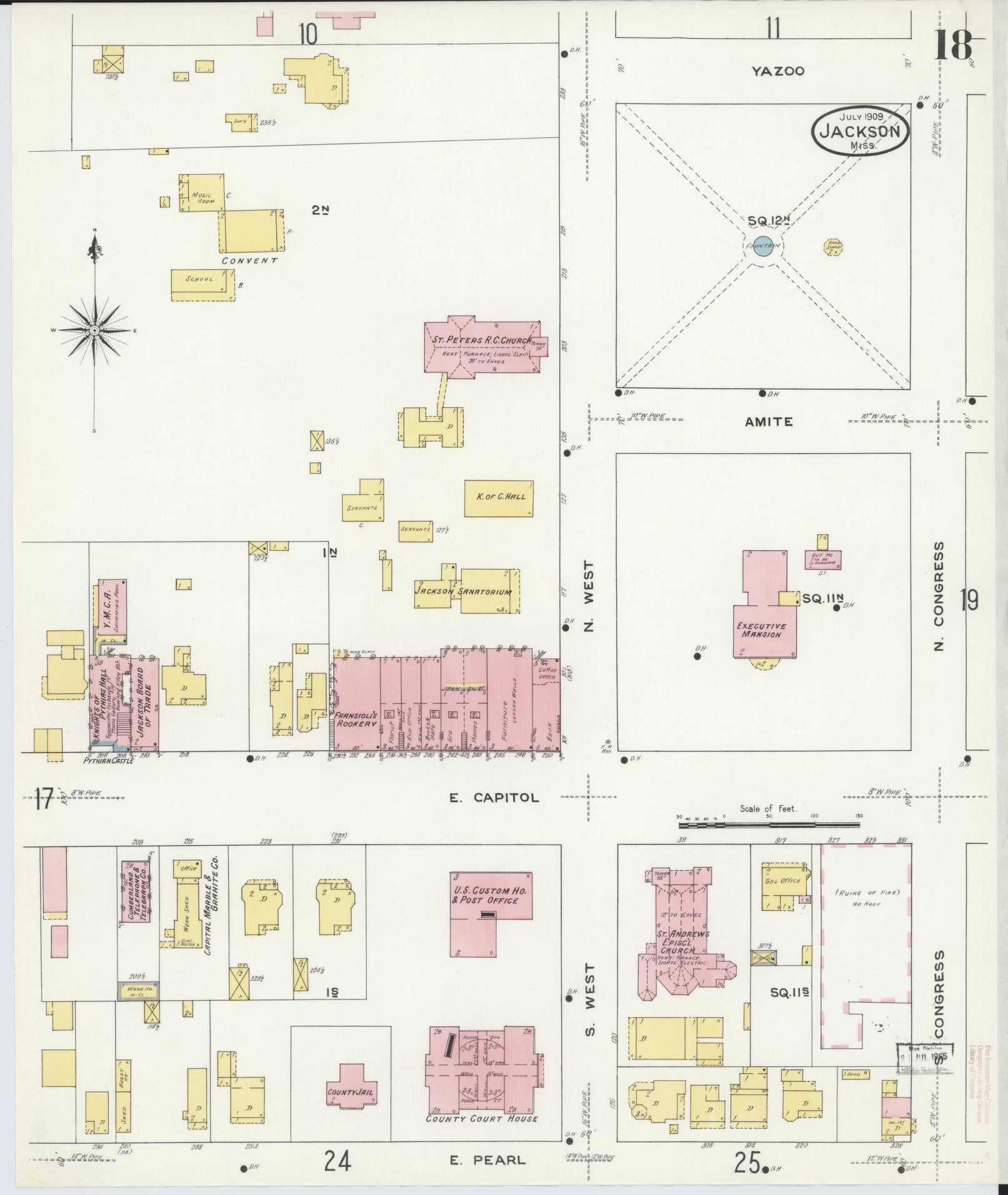 Sanborn Fire Insurance Map from Jackson, Hinds County, Mississippi (1909), Sheet #0018 - Historic Sanborn Fire Insurance Map Print, vintage old map wall art, antique decor, genealogy gift, Mississippi Mississippi map