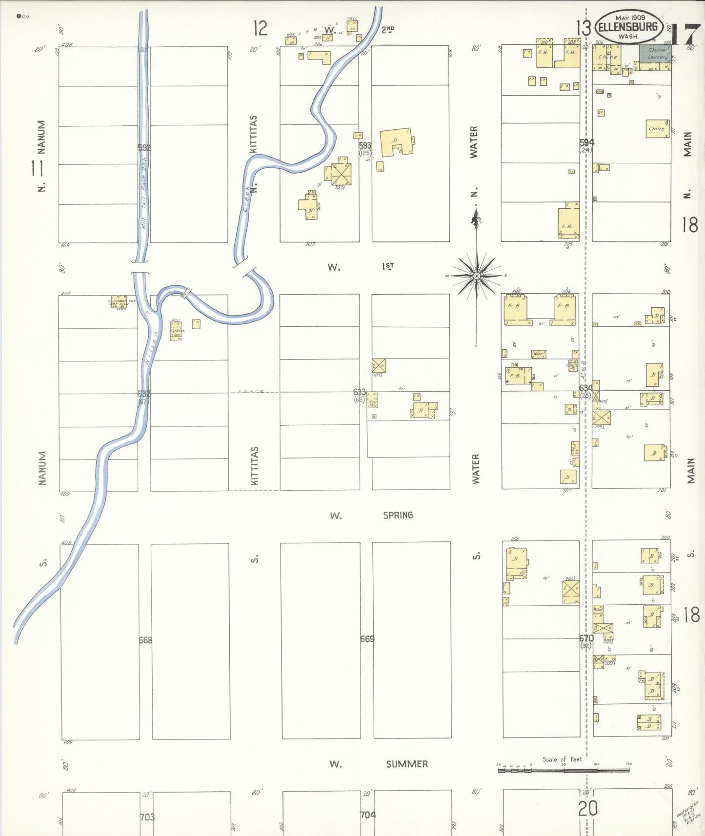 Sanborn Fire Insurance Map from Ellensburg, Kittitas County, Washington (1909), Sheet #0017 - Complete Map Set gallery image, historic Sanborn map, vintage wall art, Washington Washington