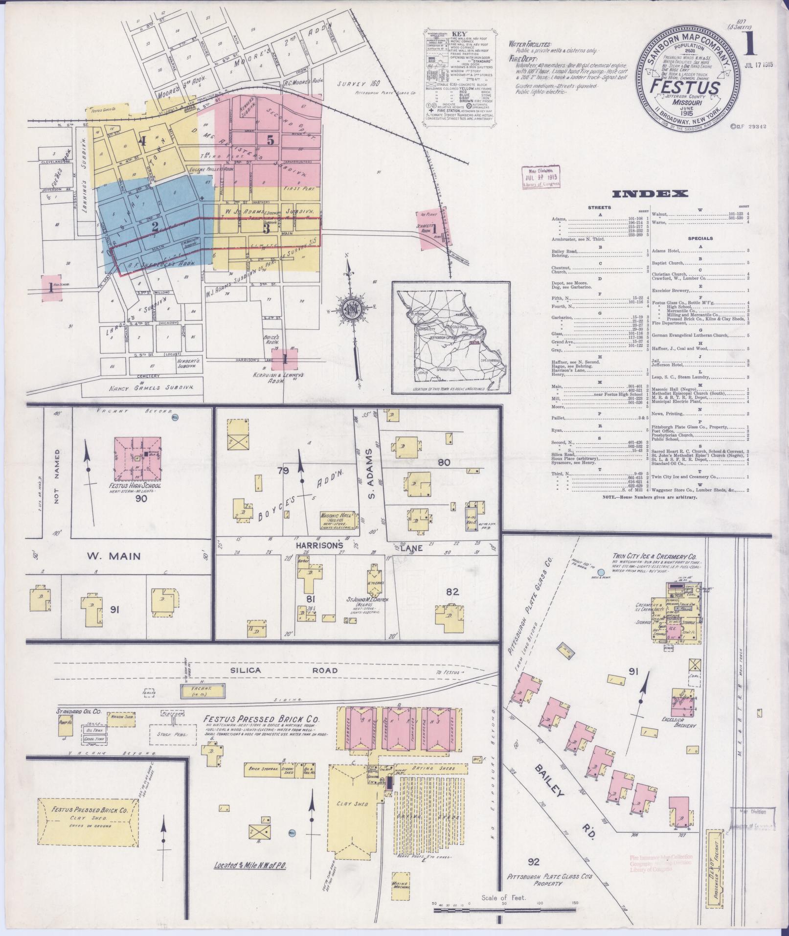 Sanborn Fire Insurance Map from Festus, Jefferson County, Missouri (1915), Sheet #0001 - Historic Sanborn Fire Insurance Map Print, vintage old map wall art, antique decor, genealogy gift, Missouri Missouri map