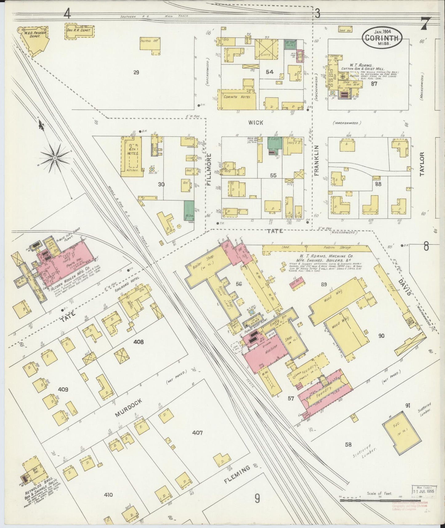Sanborn Fire Insurance Map from Corinth, Alcorn County, Mississippi (1904), Sheet #0007 - Complete Map Set gallery image, historic Sanborn map, vintage wall art, Mississippi Mississippi