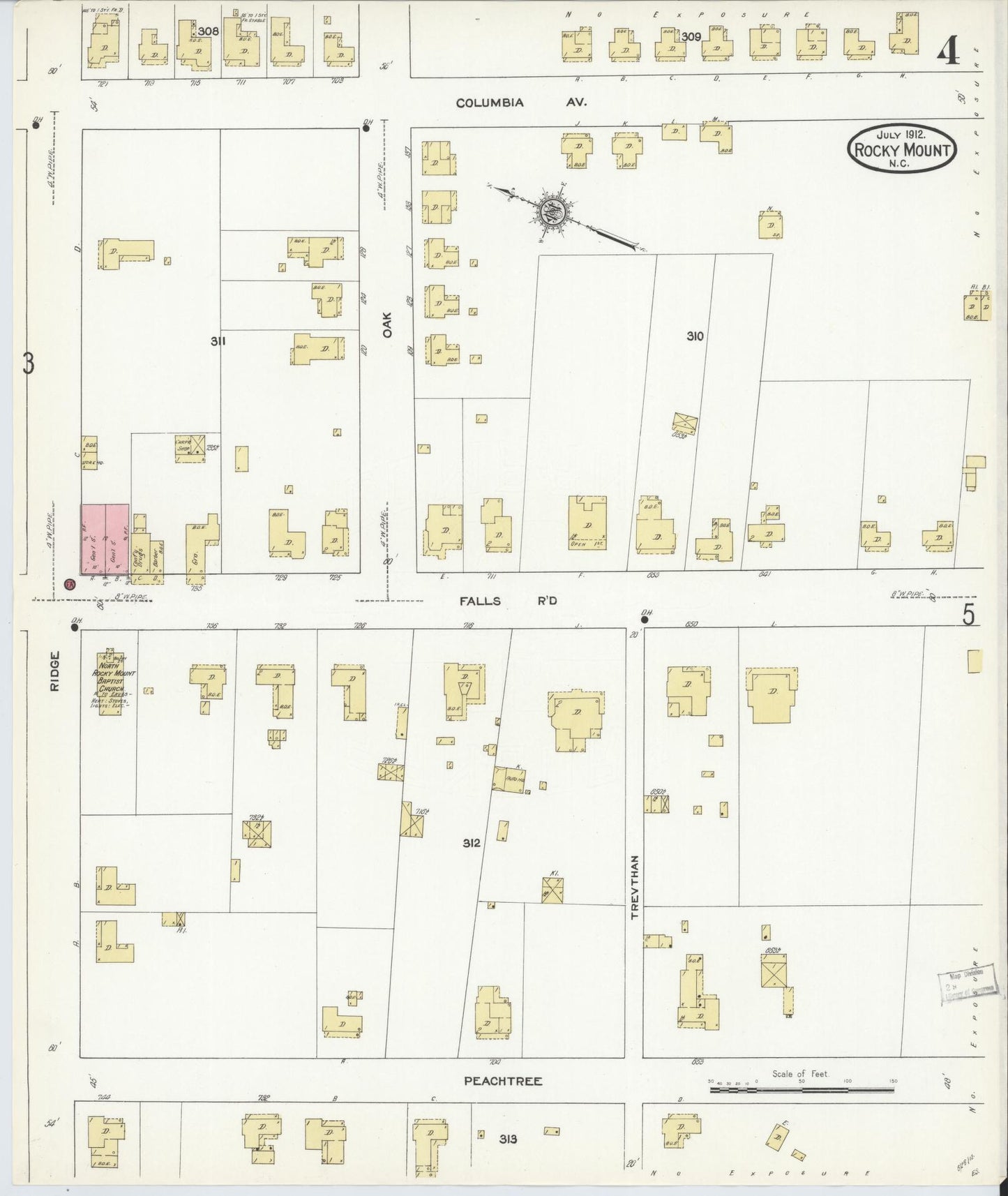 Sanborn Fire Insurance Map from Rocky Mount, Edgecombe And Nash Counties, North Carolina (1912), Sheet #0004 - Historic Sanborn Fire Insurance Map Print, vintage old map wall art, antique decor, genealogy gift, North Carolina North Carolina map