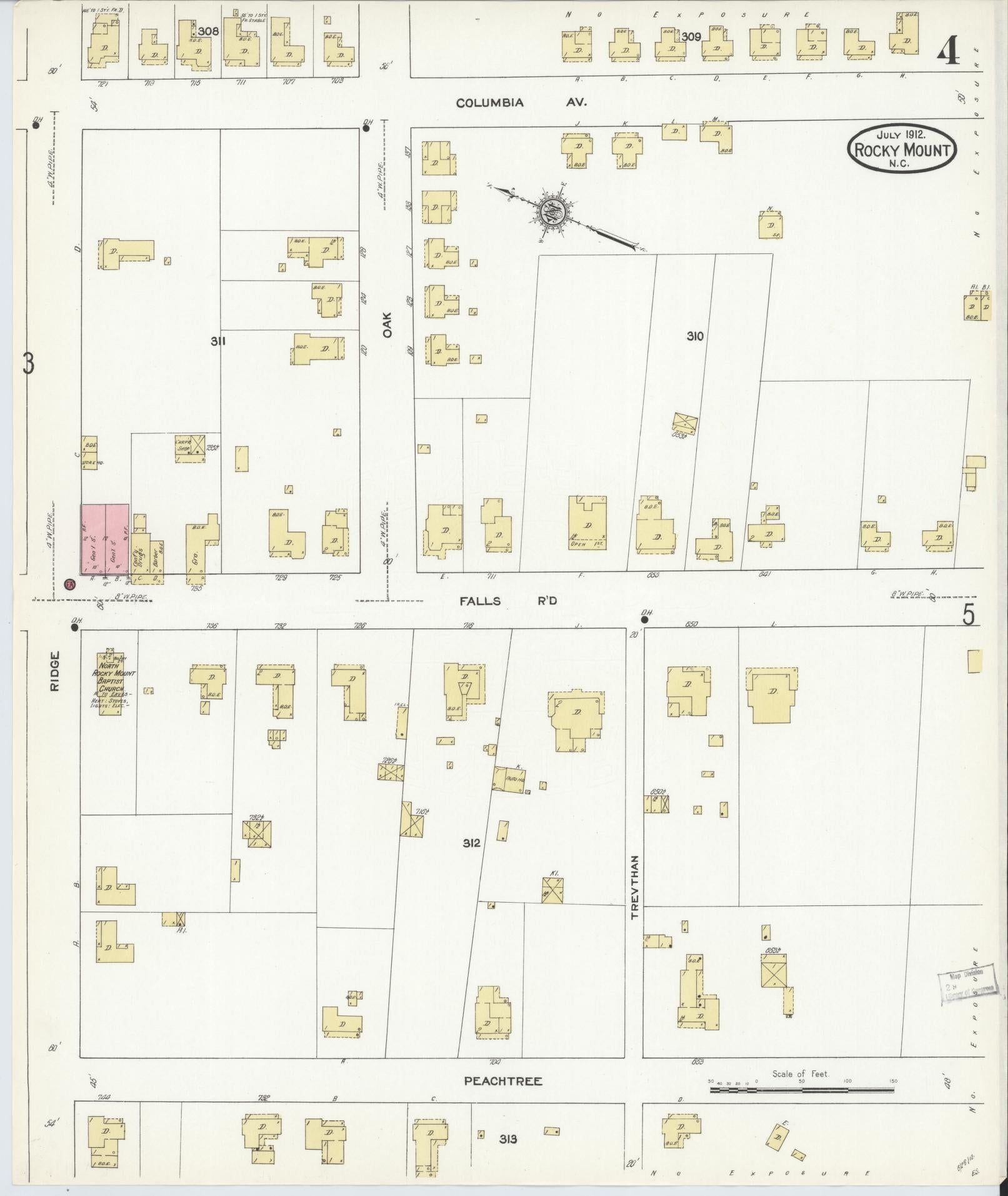 Sanborn Fire Insurance Map from Rocky Mount, Edgecombe And Nash Counties, North Carolina (1912), Sheet #0004 - Historic Sanborn Fire Insurance Map Print, vintage old map wall art, antique decor, genealogy gift, North Carolina North Carolina map