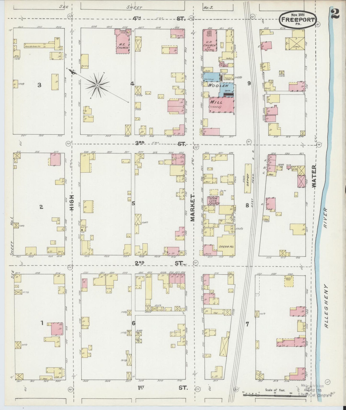 Sanborn Fire Insurance Map from Freeport, Armstrong County, Pennsylvania (1891), Sheet #0002 - Historic Sanborn Fire Insurance Map Print, vintage old map wall art, antique decor, genealogy gift, Pennsylvania Pennsylvania map