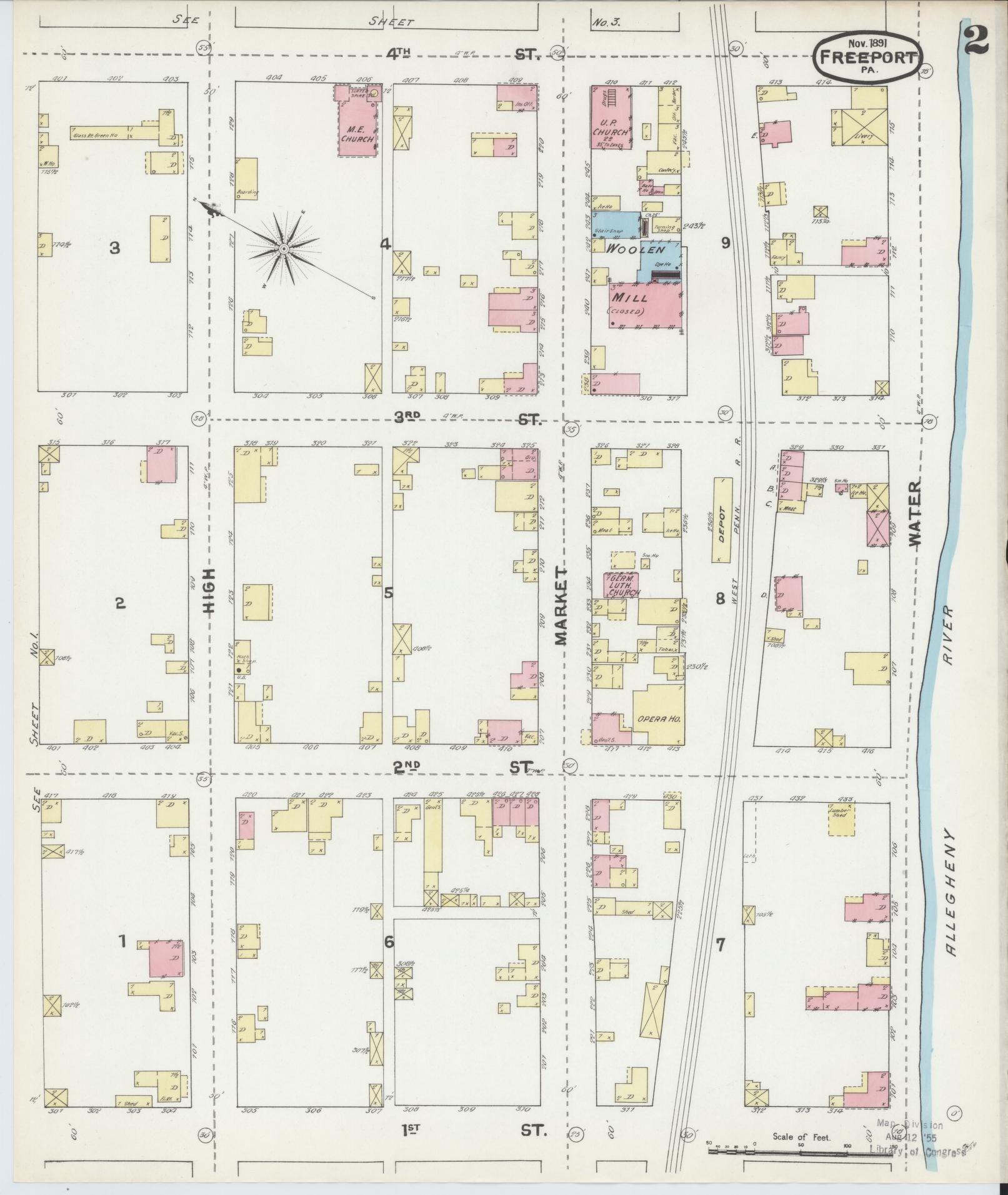 Sanborn Fire Insurance Map from Freeport, Armstrong County, Pennsylvania (1891), Sheet #0002 - Historic Sanborn Fire Insurance Map Print, vintage old map wall art, antique decor, genealogy gift, Pennsylvania Pennsylvania map