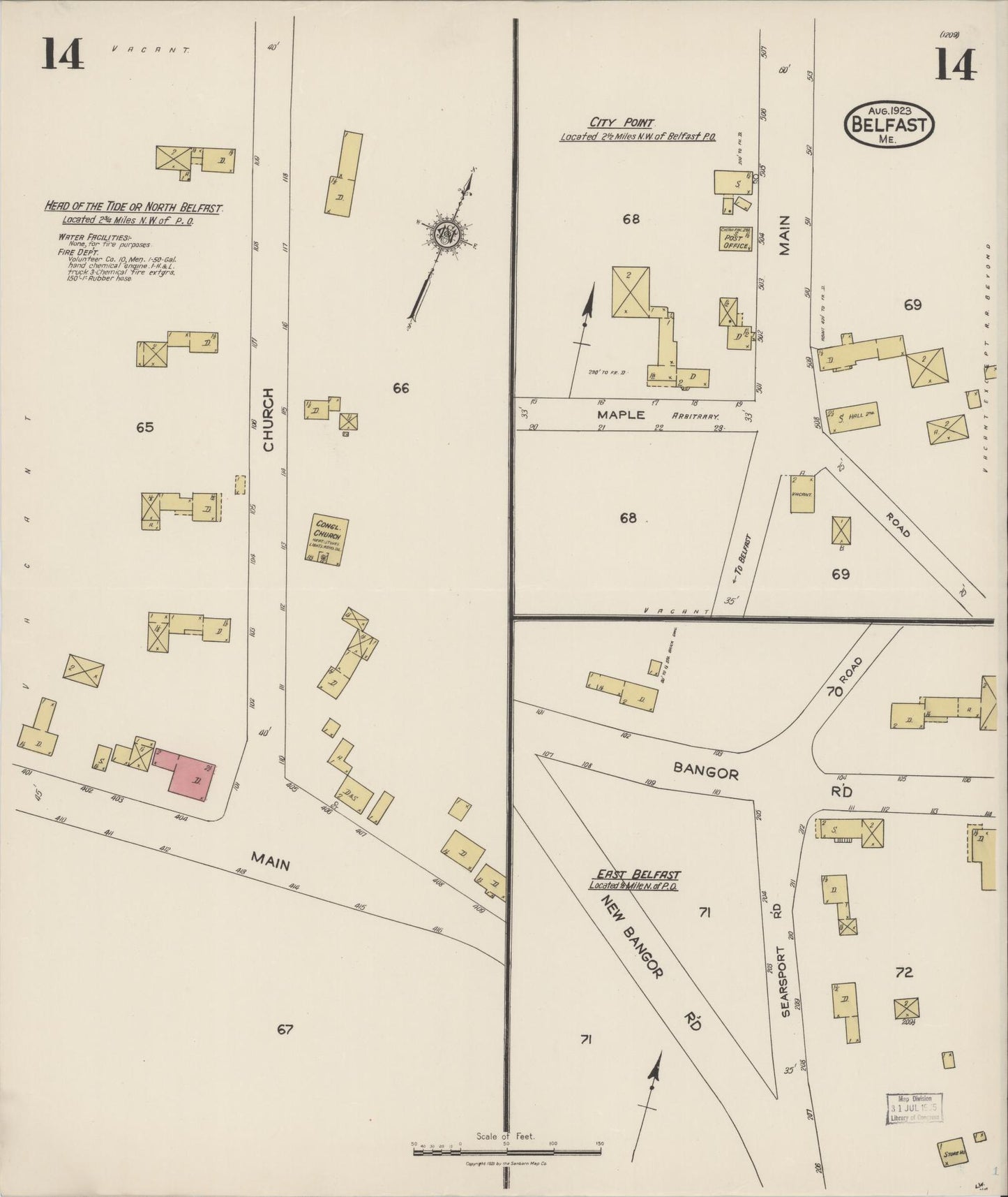 Sanborn Fire Insurance Map from Belfast, Waldo County, Maine (1923), Sheet #0014 - Historic Sanborn Fire Insurance Map Print, vintage old map wall art, antique decor, genealogy gift, Maine Maine map