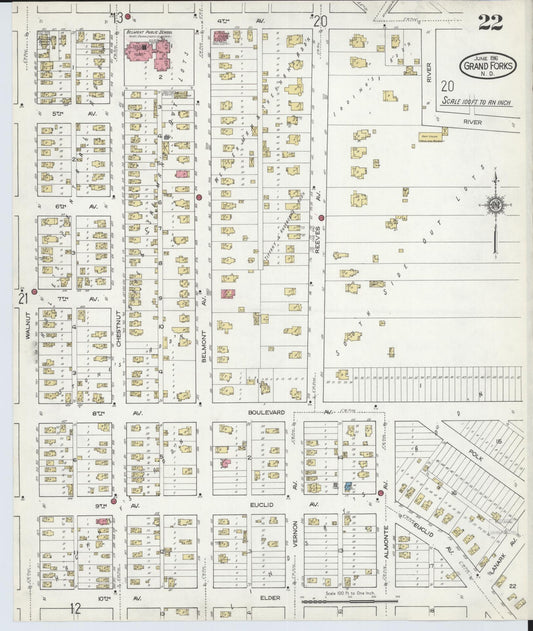 Sanborn Fire Insurance Map from Grand Forks, Grand Forks County, North Dakota (1916), Sheet #0022 - Historic Sanborn Fire Insurance Map Print, vintage old map wall art, antique decor, genealogy gift, North Dakota North Dakota map