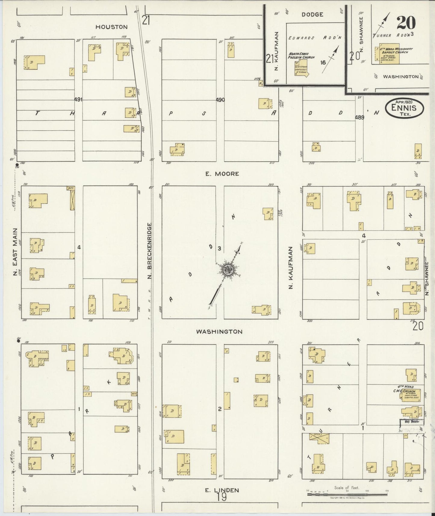 Sanborn Fire Insurance Map from Ennis, Ellis County, Texas (1920), Sheet #0020 - Complete Map Set gallery image, historic Sanborn map, vintage wall art, Texas Texas